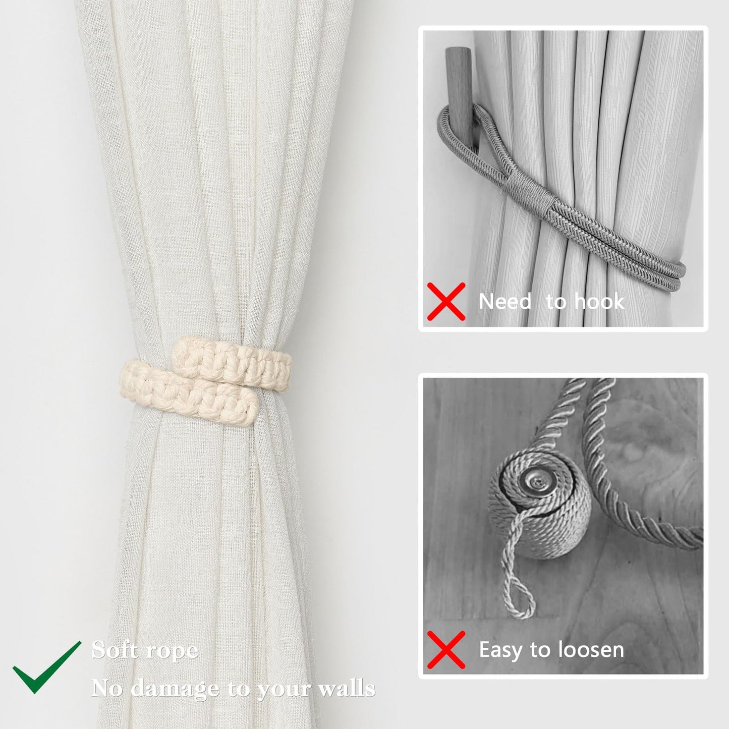 NICEEC 2 Pack Natural Cotton Rope Curtain Tiebacks Farmhouse Rustic Style Decorative Drape Tie Backs Handmade Braided Curtain Holdbacks for Home & Office Sheer/Light Weight Drapery (C-Beige-S)
