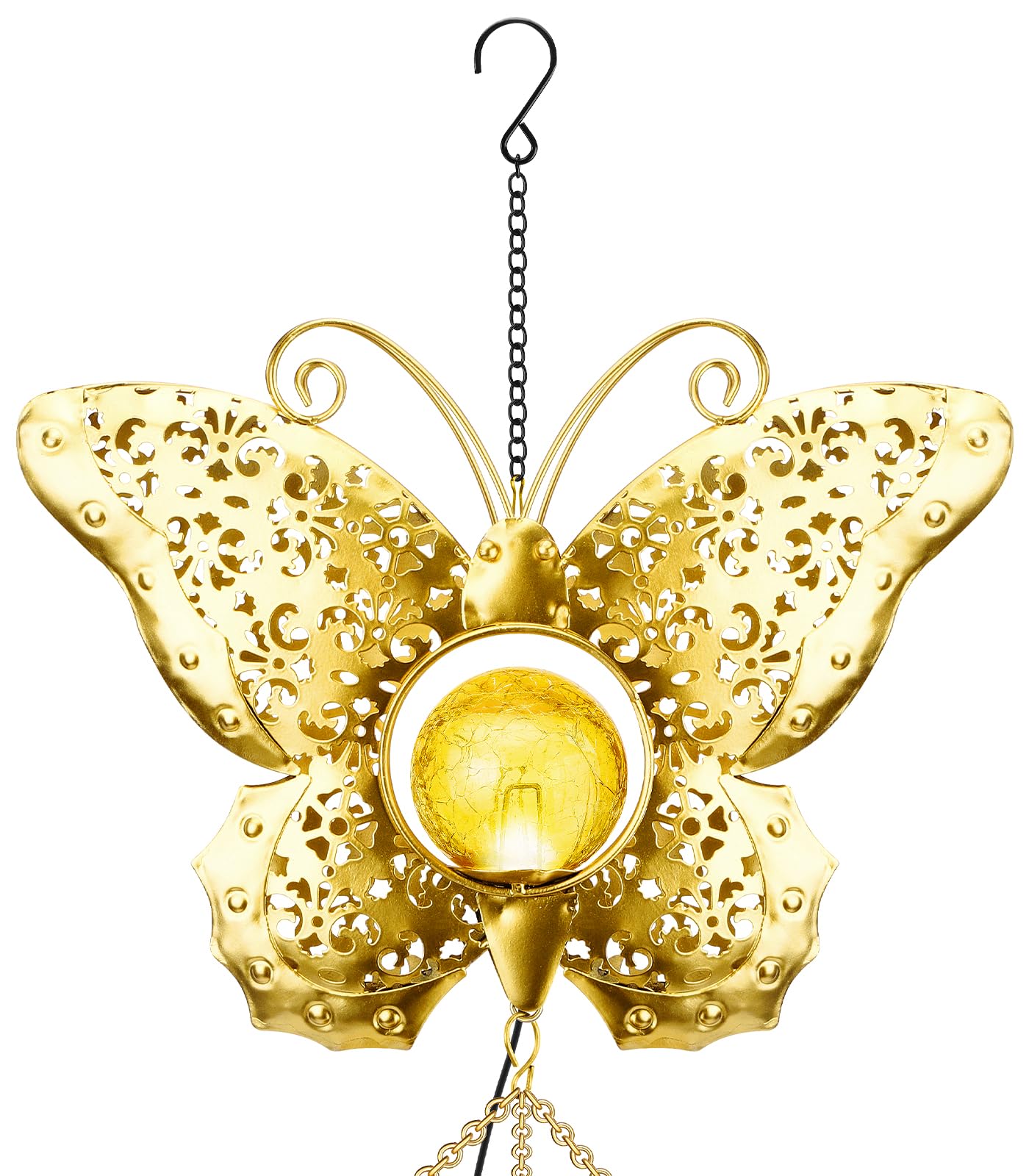 JYPS Butterfly Solar Wind Chimes, 40-Inch Large Waterproof Windchime for Outside with Glowing Crackle Glass Ball, Garden Patio Yard Decor Christmas Day Birthday Unique Gifts for Women Mom Grandma Wife