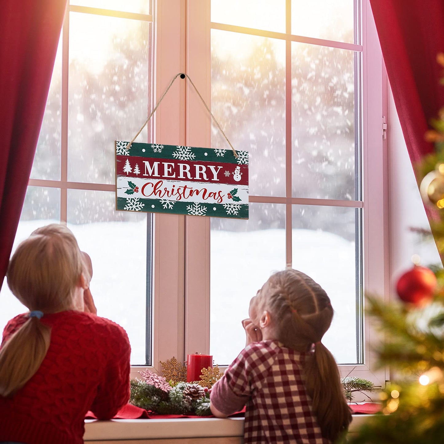 Christmas Sign Rustic Merry Christmas Hanging Sign Farmhouse Outdoor Wooden Christmas Decoration Xmas Holiday Decor with Hanging Rope for Christmas Home Window Wall Farmhouse Indoor Decoration