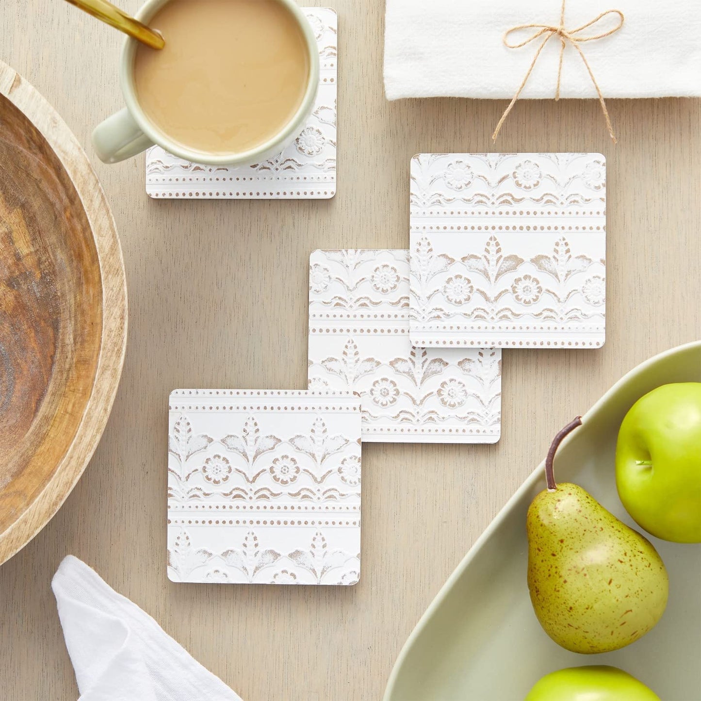Juvale Wooden Coasters Set of 6-3.8 in, White, Square, Farmhouse Style - Coaster Holder for Coffee Table & Bar Decor - Kitchen & Living Room Decor