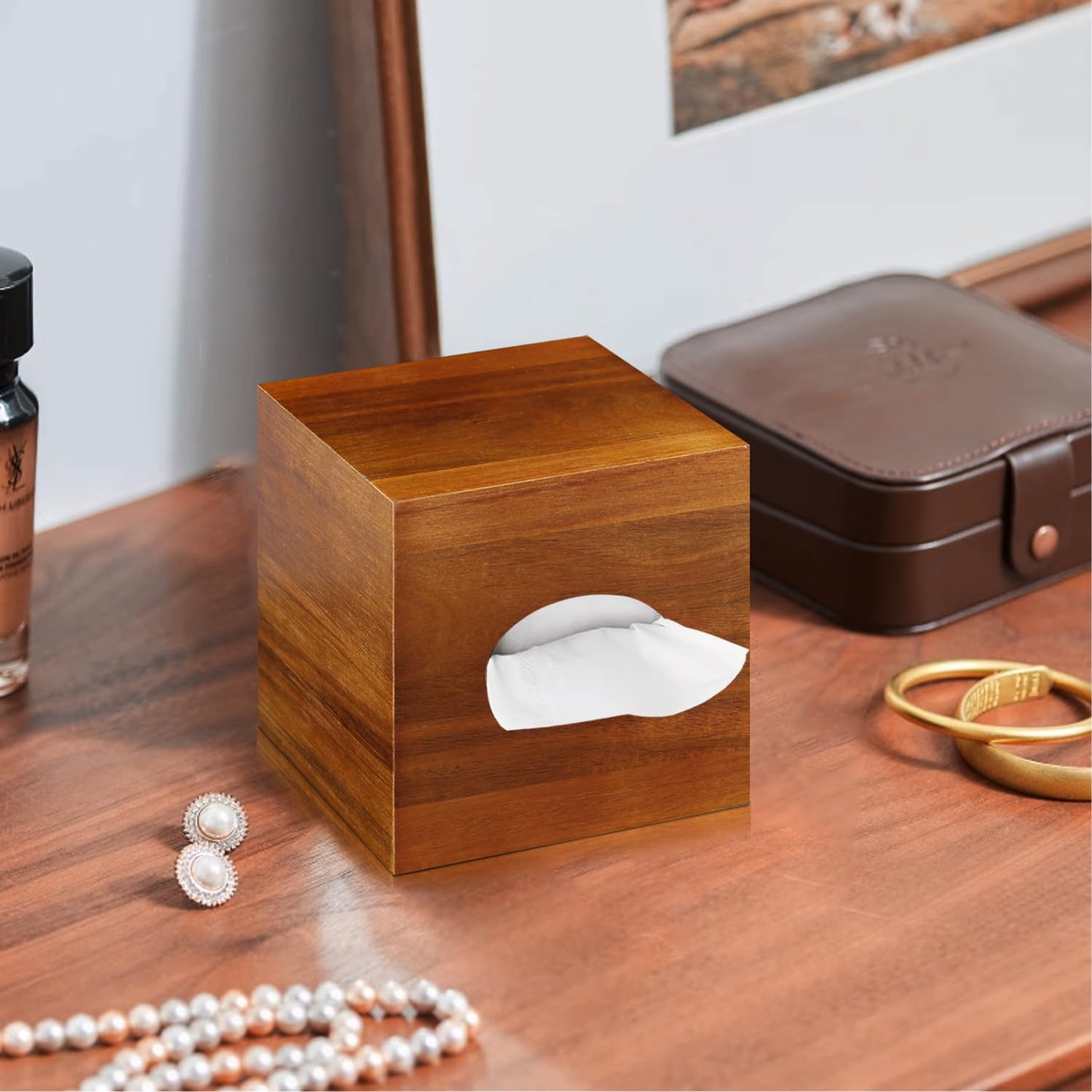 BIBELUN Square Tissue Box Cover,Acacia Wood Tissue Box Holder for Desktop Nightstand Bathroom Office,Decorative Facial Tissue Cube Box Cover/Organizer for Modern Home Decor