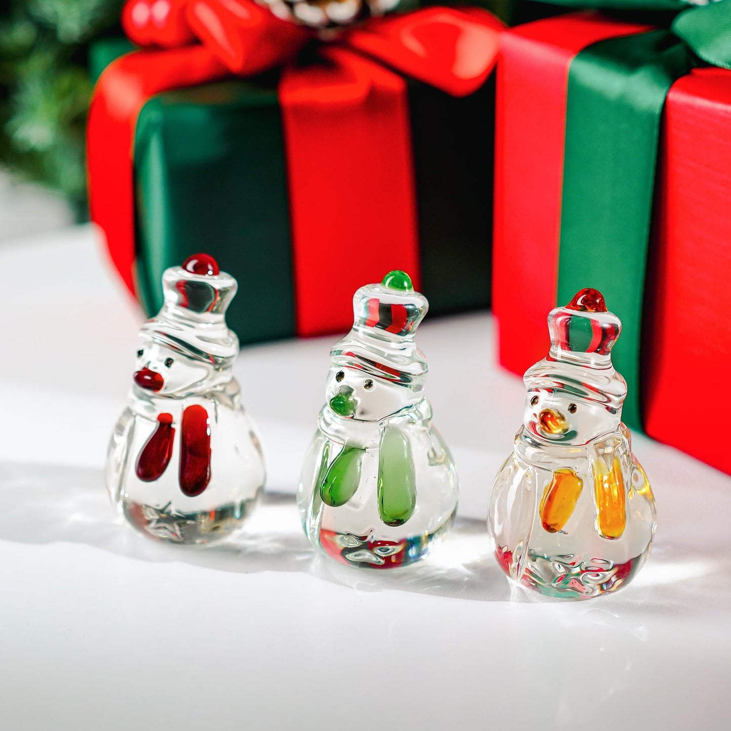 KRISININE Set of 3 Glass Snowman Figurine 1.6''*4.2'' Handmade Snowman Christmas Decorations Indoor for Home Winter Holiday Glass Paperweight Office Table Decor