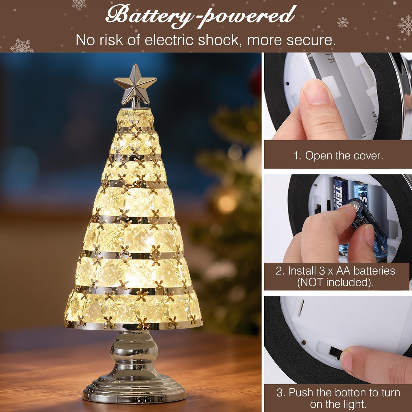 Lewondr Christmas Tree Lamp, 14 Inch Battery Powered Crystal Treetop Lighted Christmas Tree Decorative Light LED Lamp, Handmade Glass Tabletop Christmas Ornament for Home Party Gift, Silver