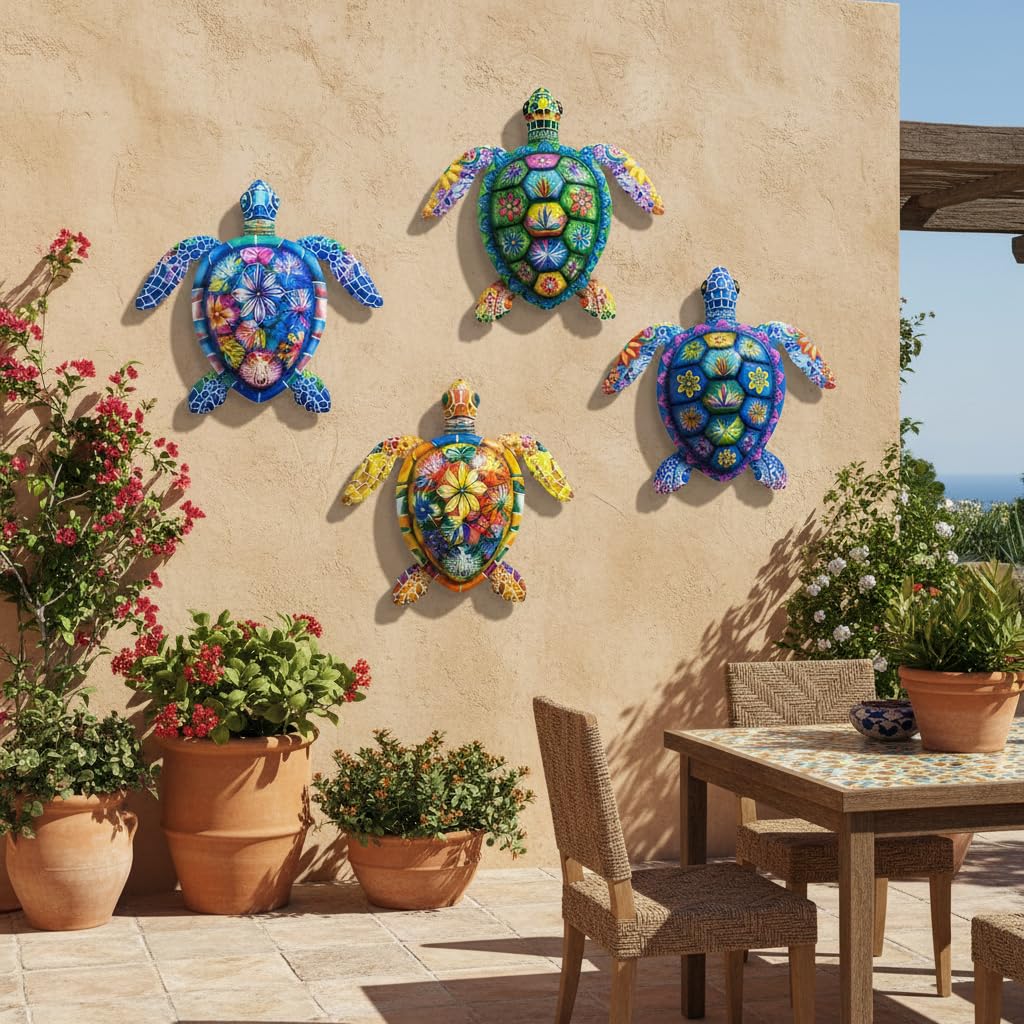 Cruis Cuka Metal Wall Art Cute Turtle 2.5 D Wall Sculpture Garden Decor for Outside Fence Decorations Lawn Ornaments Patio Backyard Decor - Set of 4