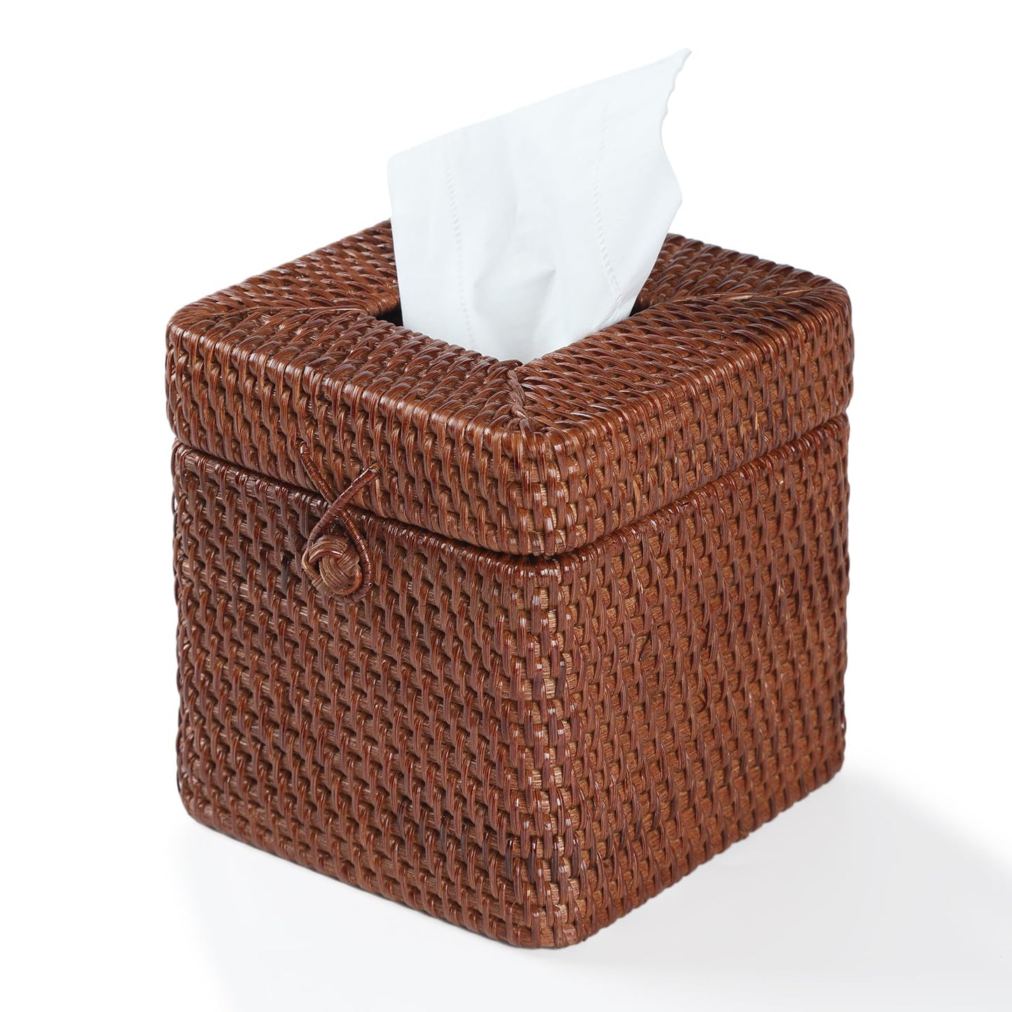 Rattan Square Tissue Box Cover, 5.7" x 5.7" x 5", Decorative Woven Facial Tissue Holder with Hinged Top Lid, Brown