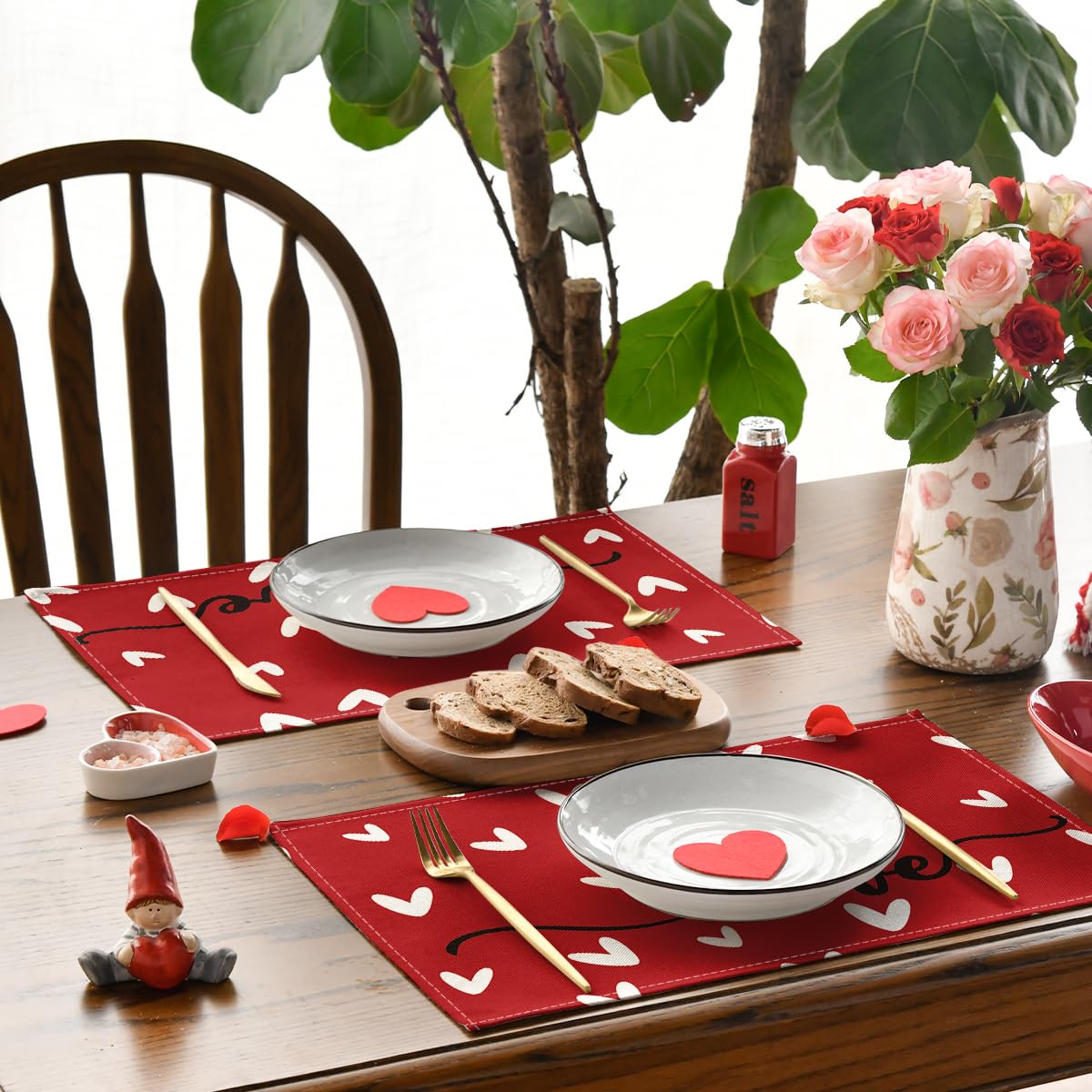Artoid Mode Red Love Hearts Placemats Set of 4, 12x18 Inch Seasonal Anniversary Holiday Table Mats for Party Kitchen Dining Decoration