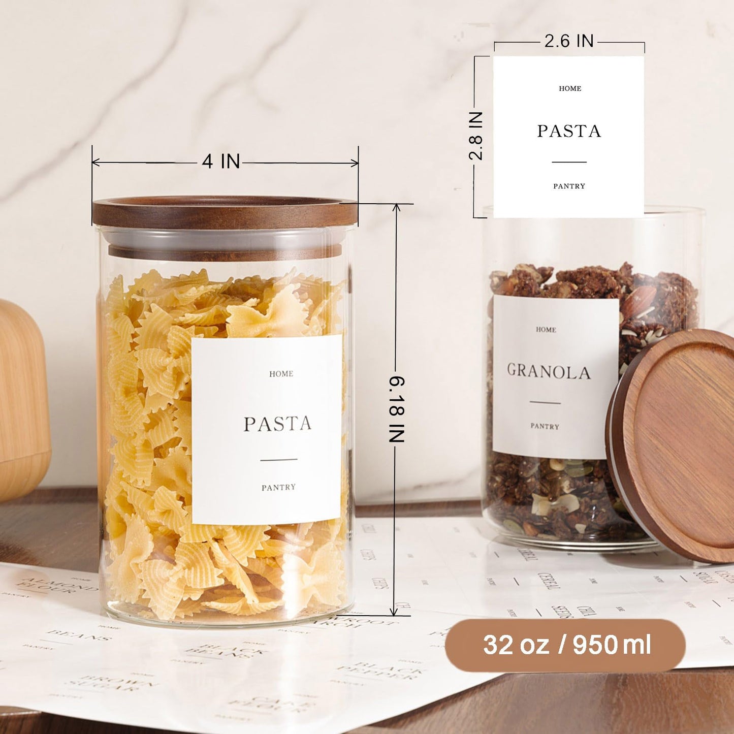 GENSTEUO Set of 6 Glass Pantry Jars with Acacia Wood Lids, 32oz Airtight Pantry Storage Containers with 105 Labels, Glass Kitchen Canisters for Coffee, Tea, Sugar, Pasta