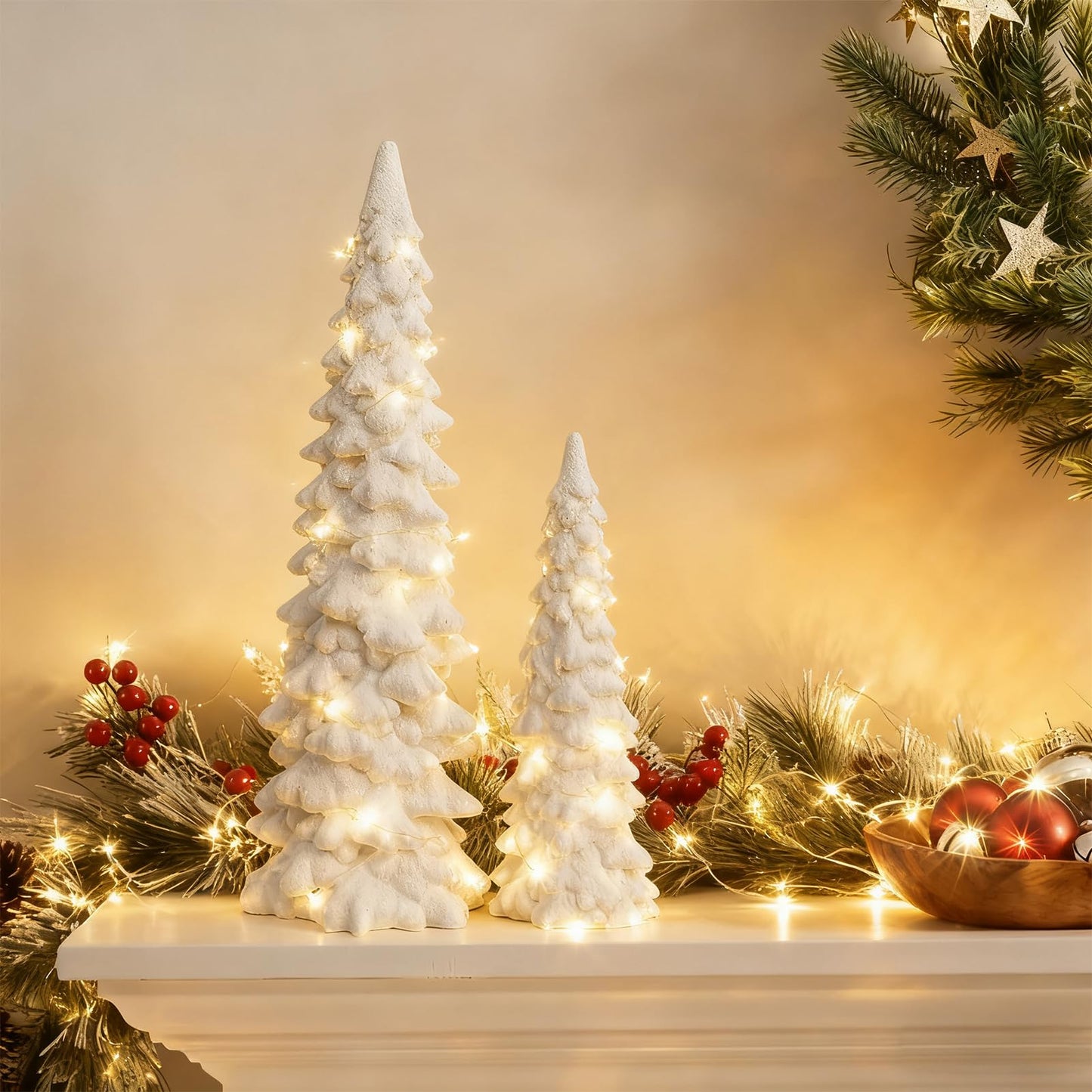 Set of 2 White Glitter Resin Trees,Small Pine Tree Figurines Decorative Christmas Trees Tabletop Centerpieces Decor for Christmas,Xmas,Holiday,9.6'' / 6.1''