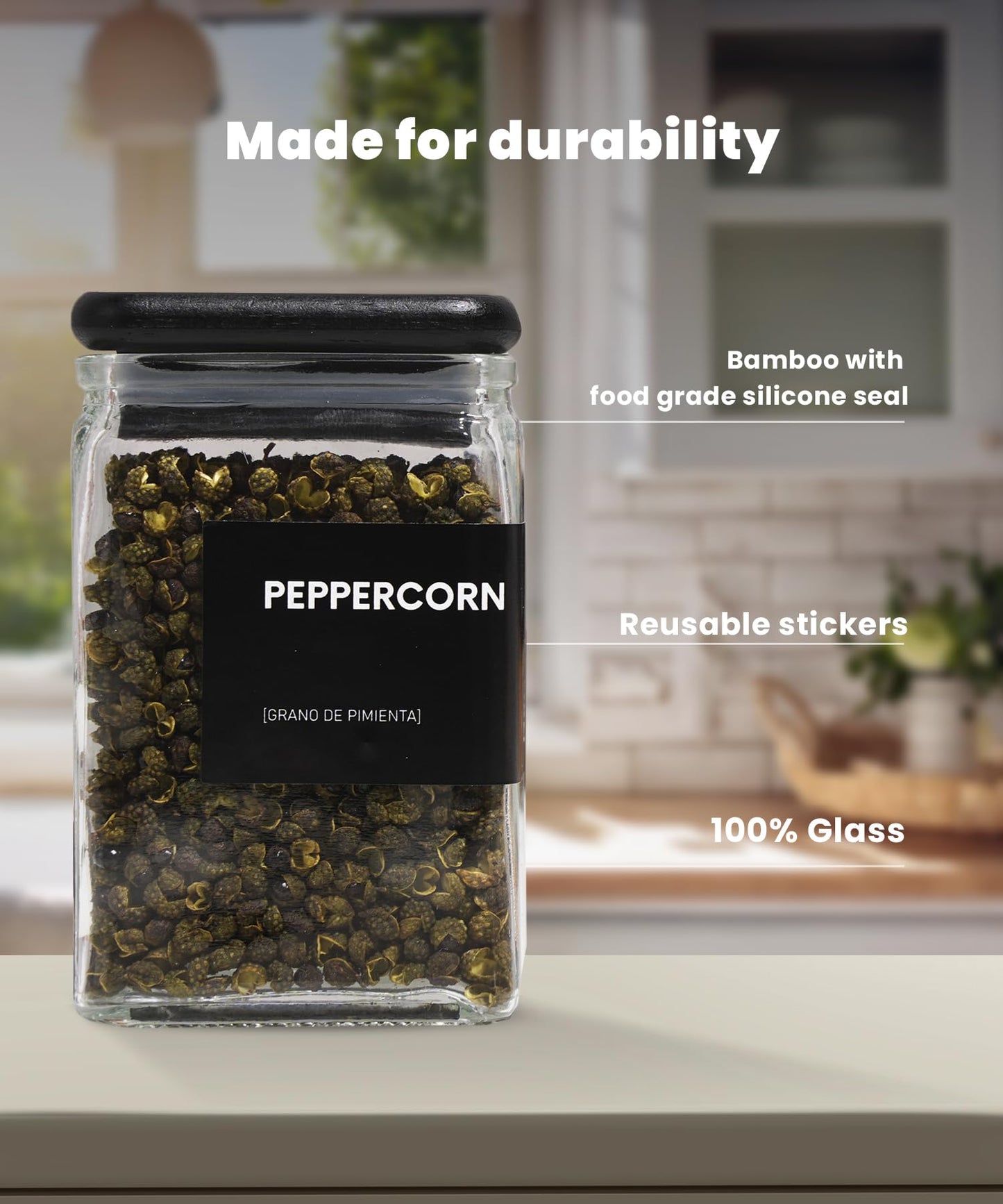 APT 1101 Glass Storage Jars with Bamboo Lid, glass canisters with airtight lids, Clear jars with lids for Spice, Cookie, Candy, Tea, Coffee Bean and Rice (Black, Spice Jar Set (4 oz, set of 12))