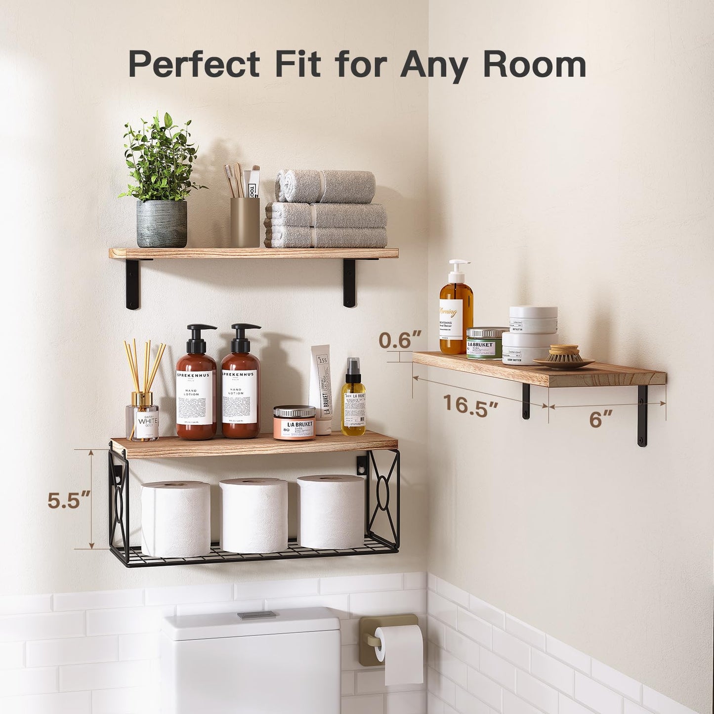 Amada Bathroom Shelves Over Toilet with Storage Basket, Floating Wall Shelf for Home Organization & Wall Decor, Bathroom/Kitchen/Living Room Shelves–Natural Wood
