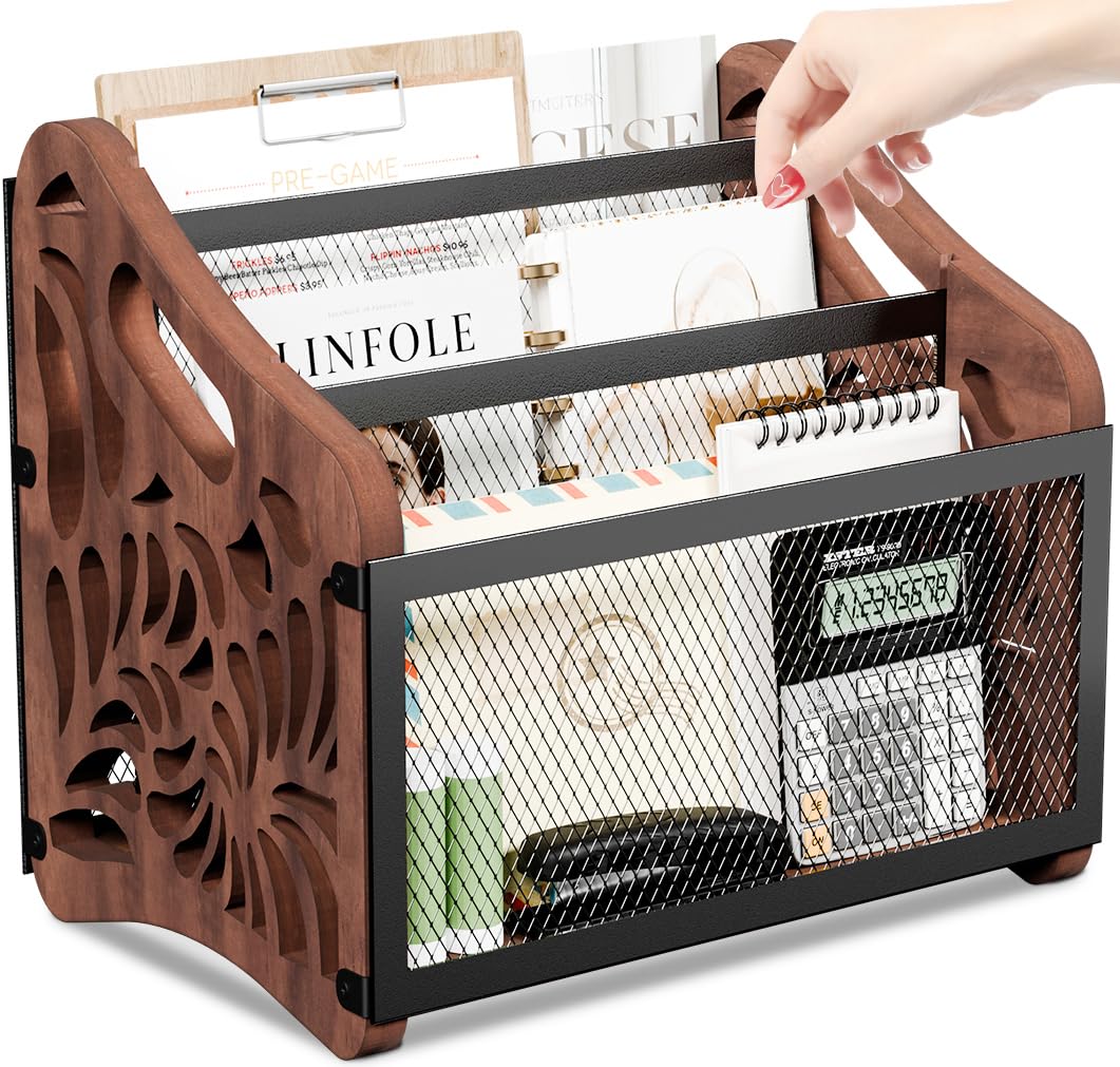 QILICHZ Magazine Holder,3-Compartment Magazine Rack Floor,Wood Magazines File Holder Organizer,Rustic Magazines Storage Basket for Books,Newspapers,Mails,Files