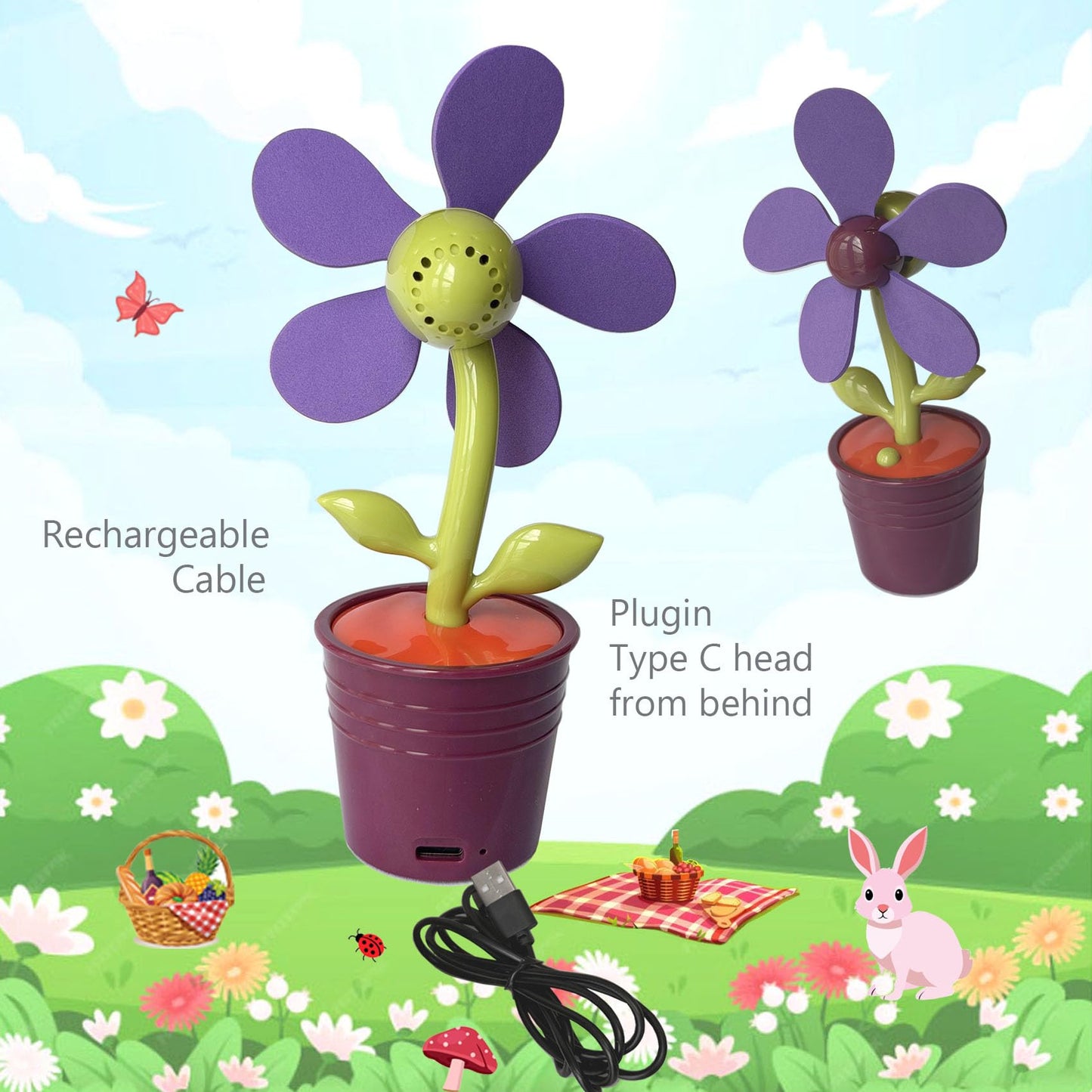 Mini Rechargeable Flower Pot Fan, Includes 2 EVA Blades (1 Purple and 1 Orange) USB-C Charging, 200mAh Battery, Decorative Desktop Fan,