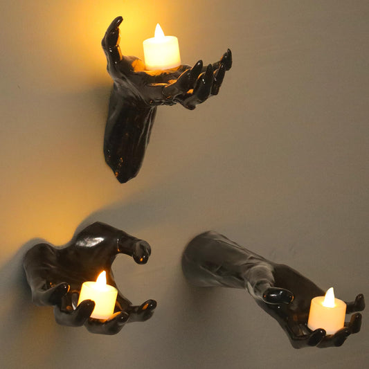 Halloween Decorations, 3 Pack Wall Mounted Creepy Reaching Hands with LED Candles, Life-Sized Horror Wall Hands for Gothic Wall Decor Outdoor/Indoor (Style 2)