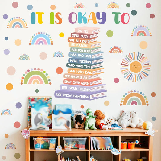 Kids Inspirational Wall Decals Motivational Quotes Wall Stickers Peel and Stick Reading Wall Decals Watercolor Polka Dots Rainbow Sun Wall Stickers for Nursery Classroom Playroom Reading Room Decor