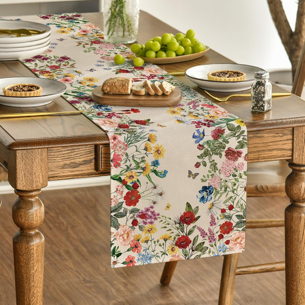 Artoid Mode Plants Floral Butterfly Valentine's Day Table Runner, Anniversary Wedding Kitchen Dining Table Decoration for Home Party Decor 13x72 Inch