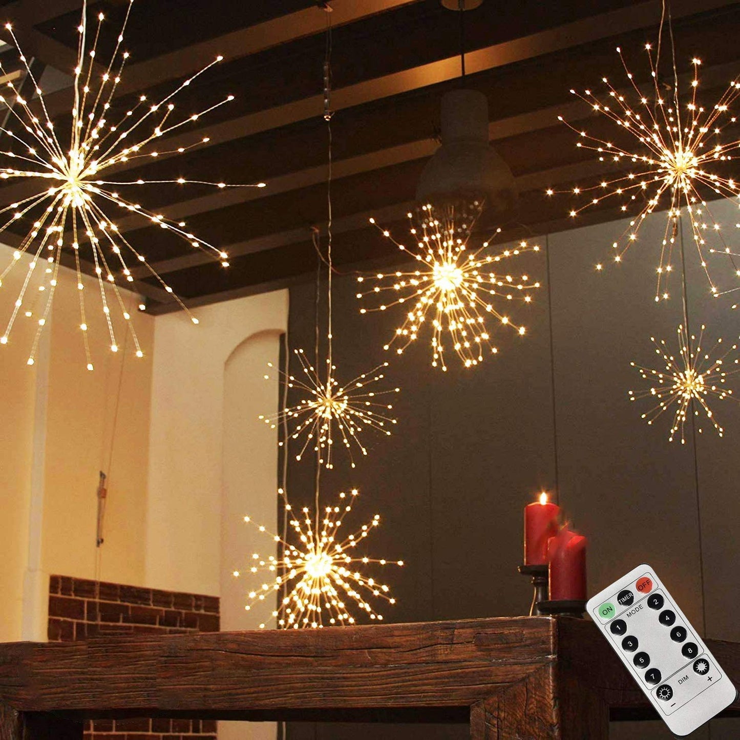 PXBNIUYA 200LED Hanging Sphere Lights, Battery Operated Starburst Lights, 8 Modes Dimmable Remote Control, Waterproof Copper Wire Fairy Light for Indoor Outdoor Christmas Decor (Warm White)