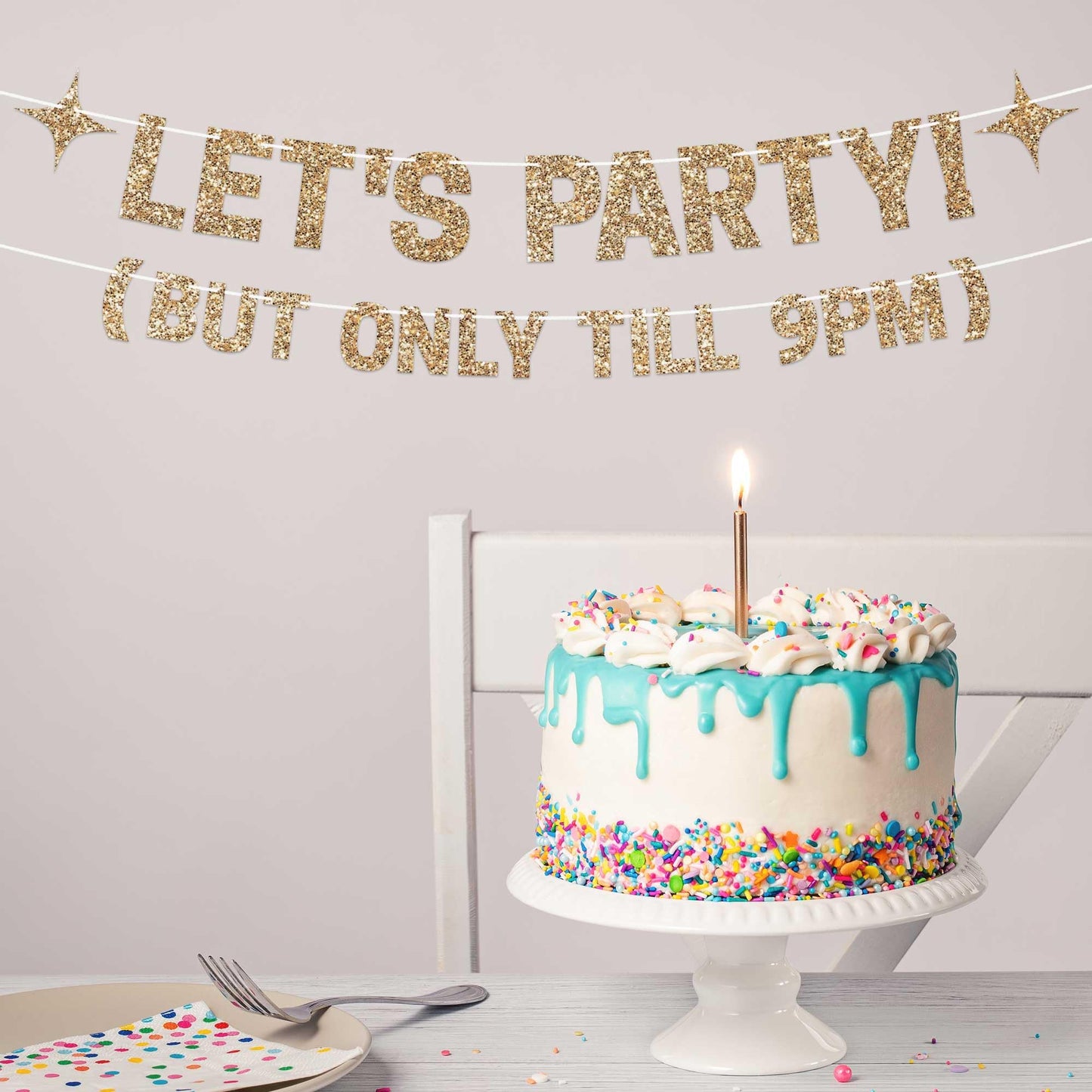 Pre-strung Let's Party But Only Till 9 PM Banner - No DIY - Gold Glitter Funny Birthday Banner for Men & Women - Pre-strung on 8 ft Strands - Gold Party Decorations & Decor. Did We Mention No DIY