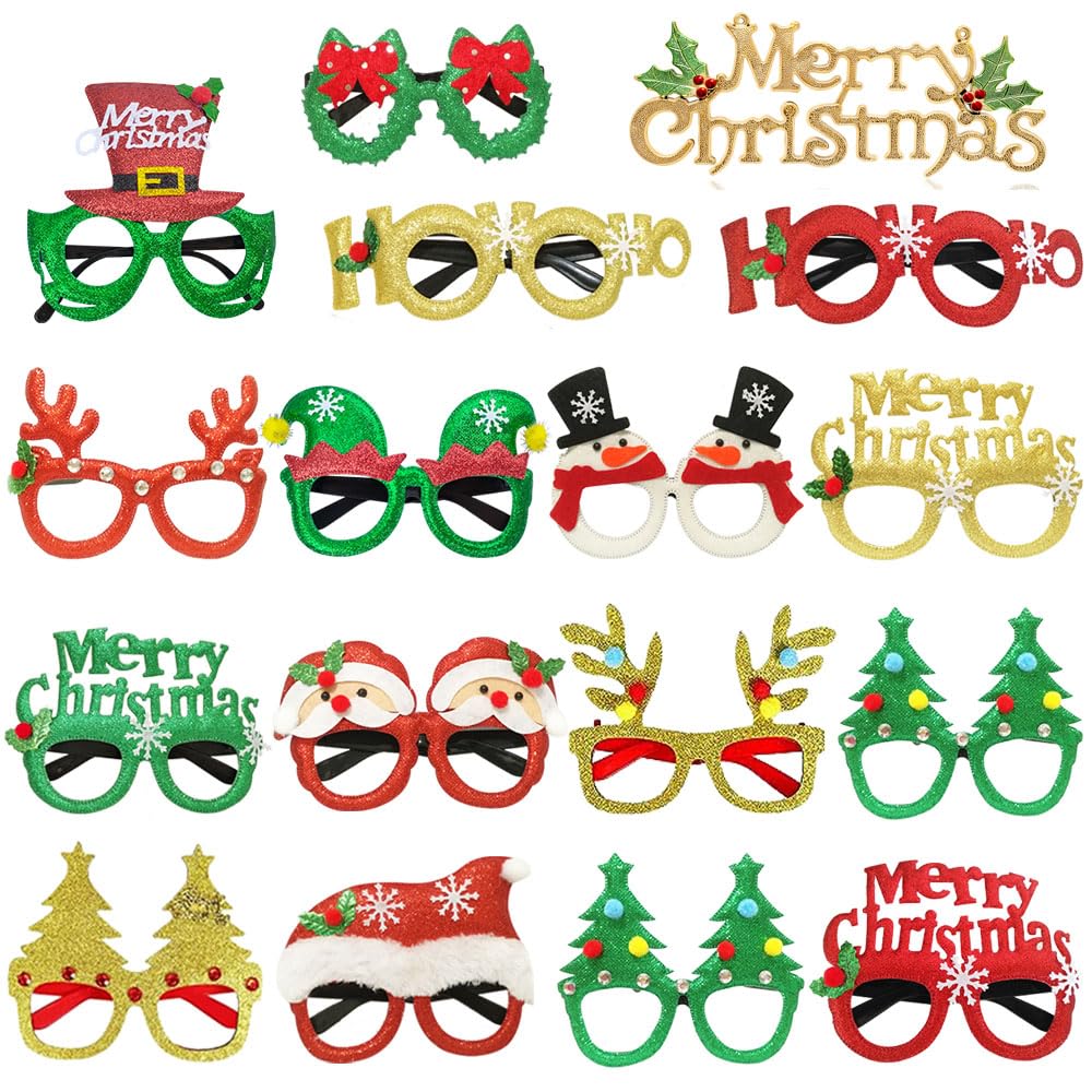 JAKADYUKS Christmas Glasses 16PCS, Party Favors Christmas Tree Hanging Ornaments Decorations Photo Booth Props, Xmas Party Decorations Eyeglasses Frame for Christmas Holiday Party Supplies