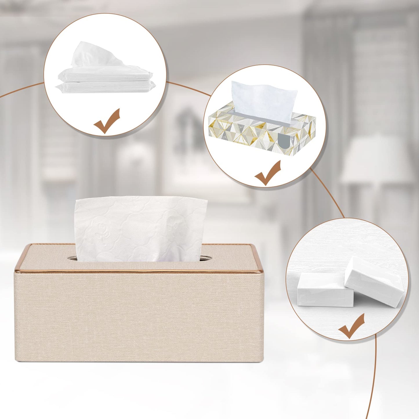 Tissue Box Cover, PU Leather Tissue Box Holder Rectangular Box Covers for Home/Office/Car Decoration 9.84"X5.23"X3.77" - Beige