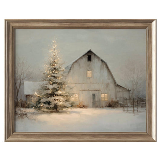 Farmhouse Christmas Barn Wall Art Print, Rustic Winter Snow Scene with Lit Tree Painting, Cozy Holiday Farmhouse Decor Artwork, Vintage Country Christmas Landscape Print (11X14 Inch-Unframed)