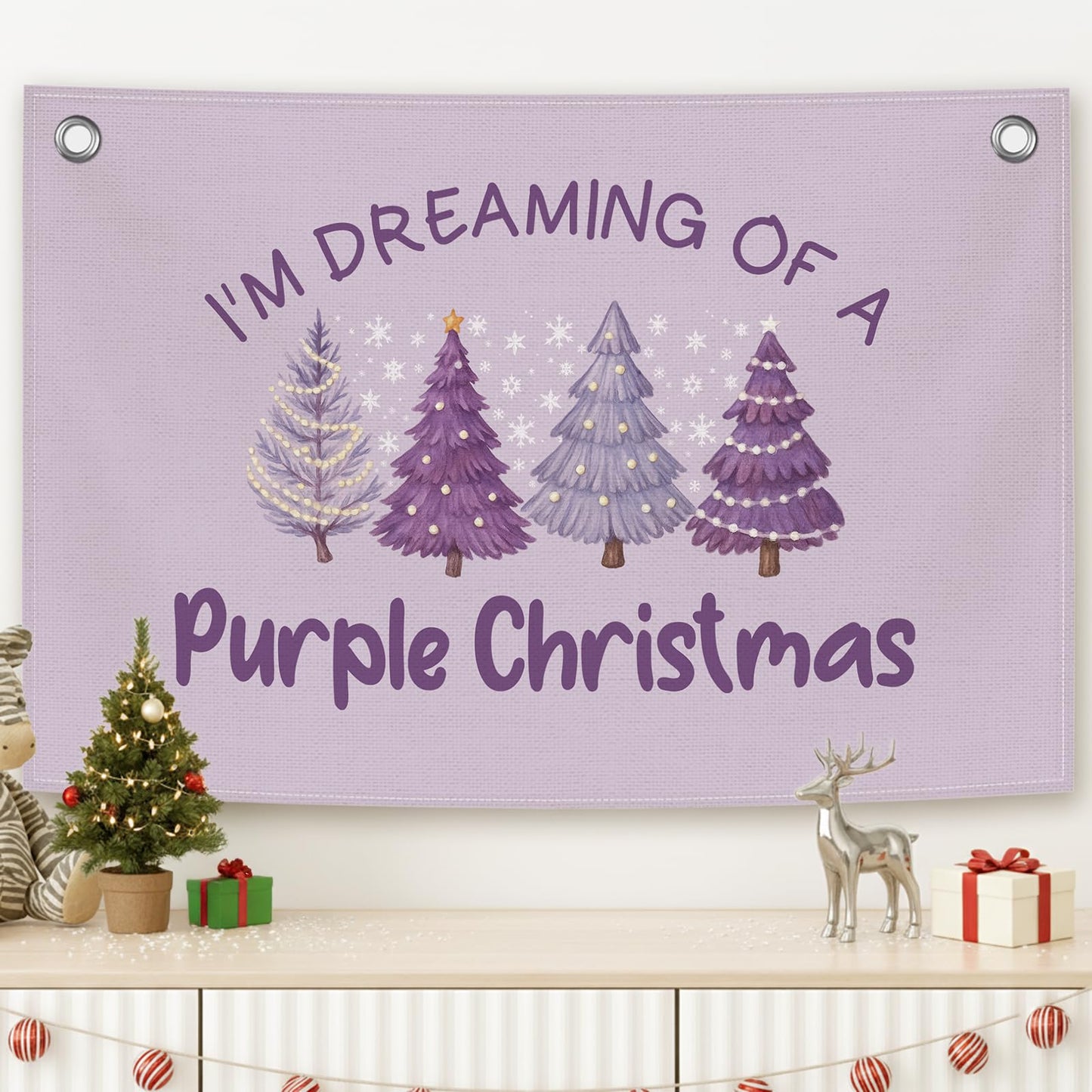 MNASAIOO Purple Christmas Tree Kids Banner, Preppy Trendy Girls Girly Room Decor, Winter Nursery Canvas Flag Wall Hanging Decor Art for Holiday Classroom Playroom Toddler Room Bedroom Dorm 20x30in