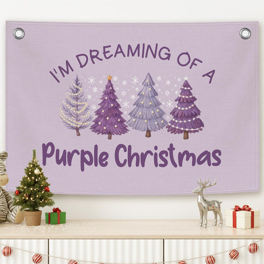MNASAIOO Purple Christmas Tree Kids Banner, Preppy Trendy Girls Girly Room Decor, Winter Nursery Canvas Flag Wall Hanging Decor Art for Holiday Classroom Playroom Toddler Room Bedroom Dorm 20x30in