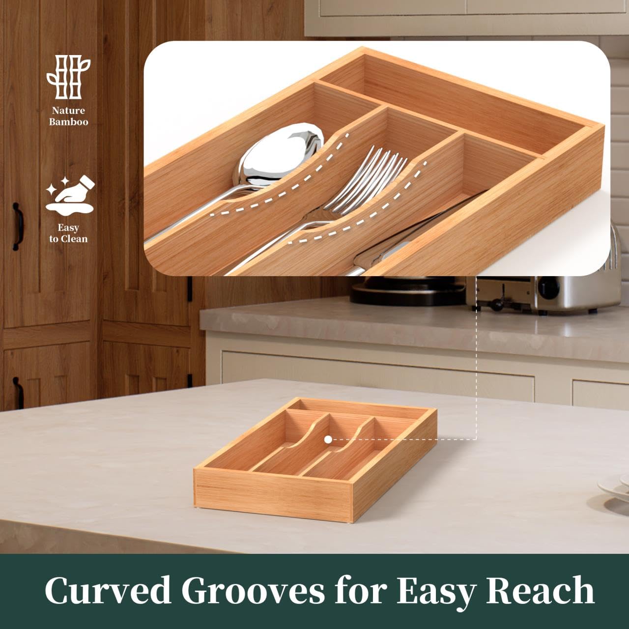 BEKVEM Small Silverware Organizer, Bamboo Kitchen Drawer Organizer, Utensil Holder, Cutlery Tray & Spoon Flatware Storage with Grooved Drawer Dividers (6.7''W x 12''D)