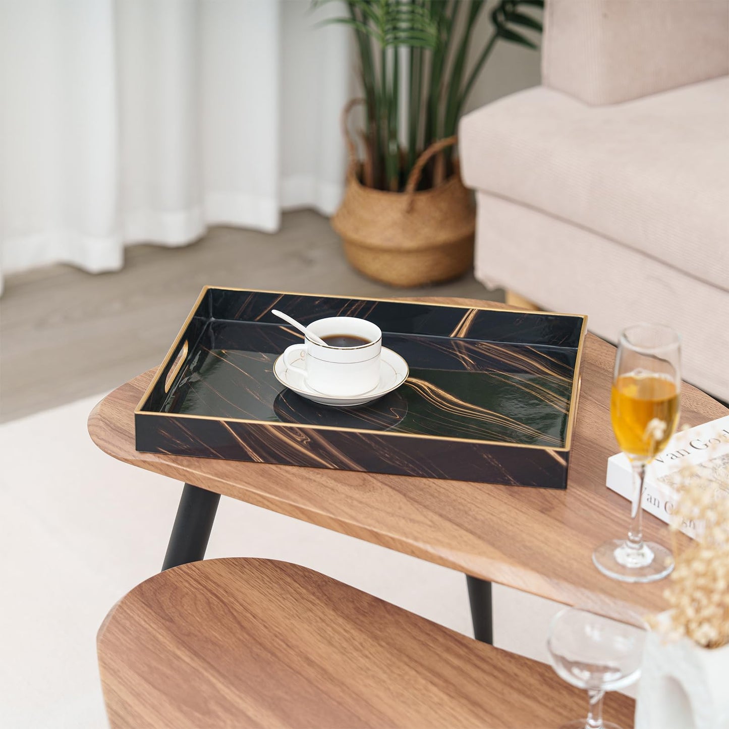 Serving Tray, Modern Plastic Food Trays for Eating on Lap Decor Coffee Tray with Handles Rectangular Non-Slip Candle Plate, 15.7"x11.8"x1.6" Large Drinks Platter for Kitchen/Living Room/Bedroom