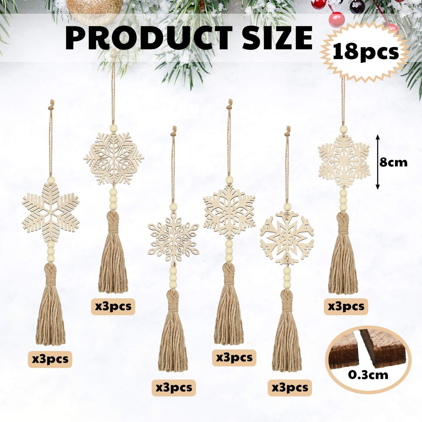Barydat 18 Pcs Boho Christmas Snowflakes Ornaments Beads with Rope Wooden Tree Hanging Decorations Christmas Tree Hanging Ornament Wood Hanging Cutout for DIY Rustic Decor Crafts, 6 Style