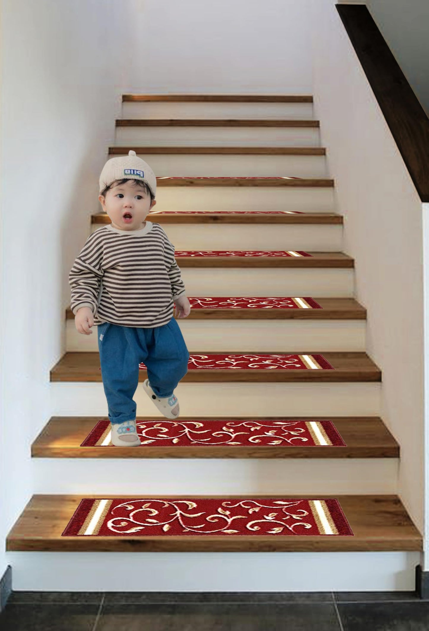 Gloria Stair Treads Carpet Non-Slip Stair Runners for Wooden Steps Non Slip Rubber Back Stair Rugs Stairway Carpet Set of 7 Red Floral (8.5” x 26”)