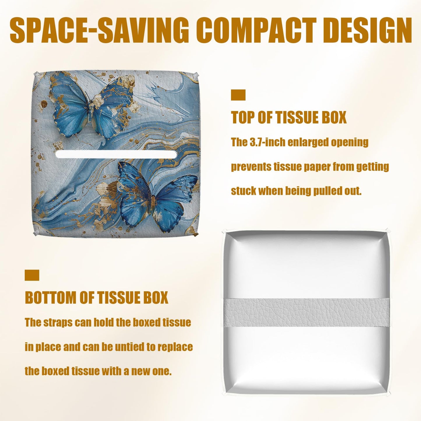 Blue Butterfly Tissue Box Cover 2PCS, Marble Leather Tissue Box Holder Square Facial Paper Case Tissue Box Cube Organizer for Bathroom Bedroom Desk Office