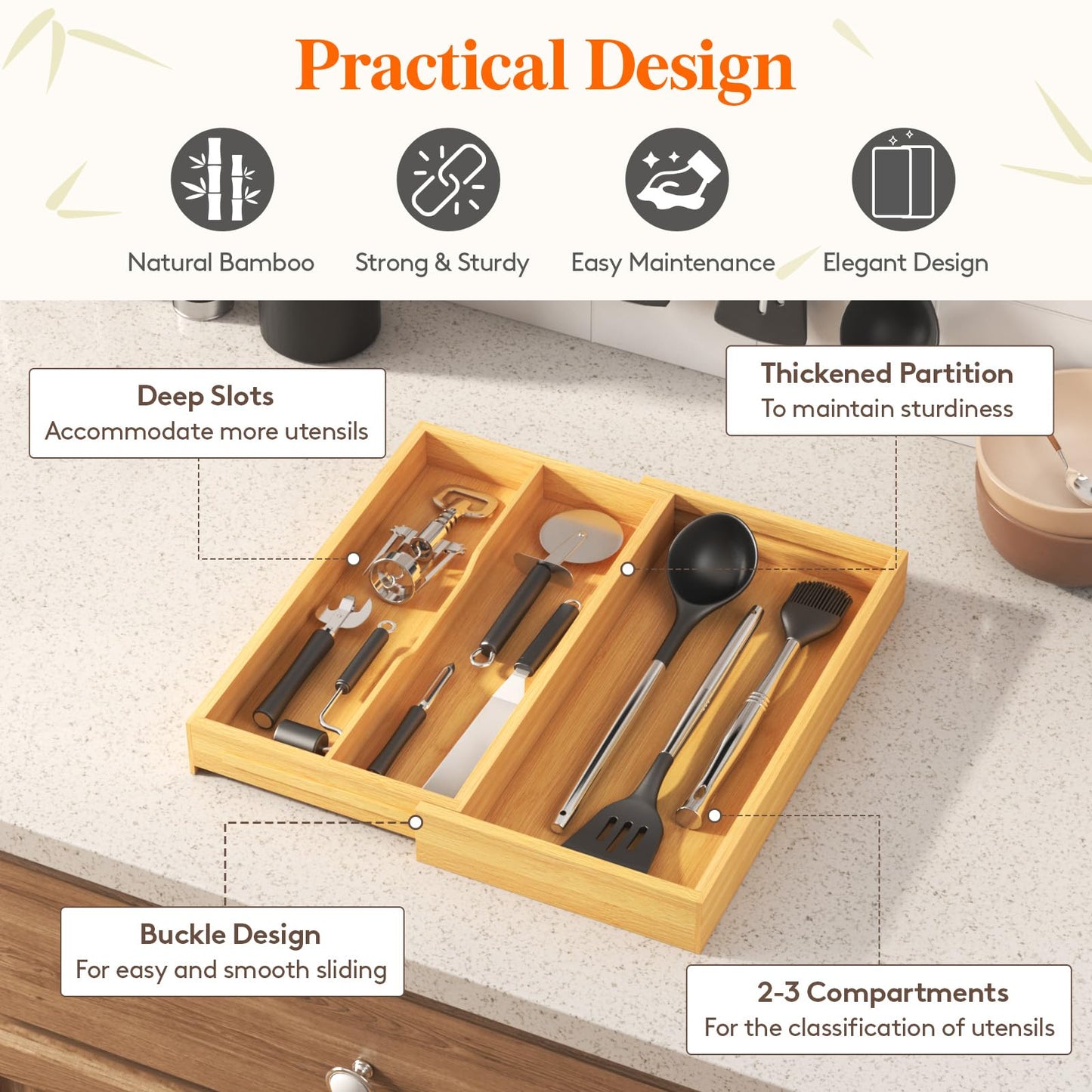Lifewit Utensil Organizer for Kitchen Drawer, Expandable Cooking Utensil Tray, Cutlery Silverware Flatware Holder, Wood Adjustable Spatula Tools Storage Divider, 8.9-15.8 x 15.75, Natural