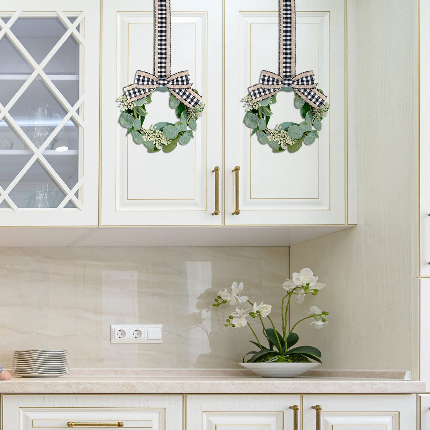 Syhood 2 Pieces 9" Mini Eucalyptus Wreath Artificial Spring Summer Greenery Wreath for Front Door Farmhouse Kitchen Cabinet with Ribbon for Porch Wall Window Decor(Plaid Bow Style)