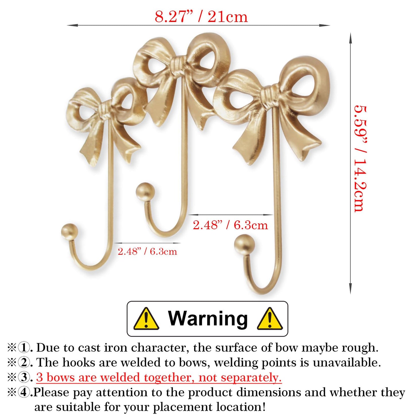 Small Bow Wall Hook,Gold Wall Mounted Functional Hooks,Antique Gold Cast Iron Hook for Coats,Bags, Bath Towels,Room Decorations,Girls Room,Bathroom,Office(Three-Bows Hooks:8.27x5.59 inches)