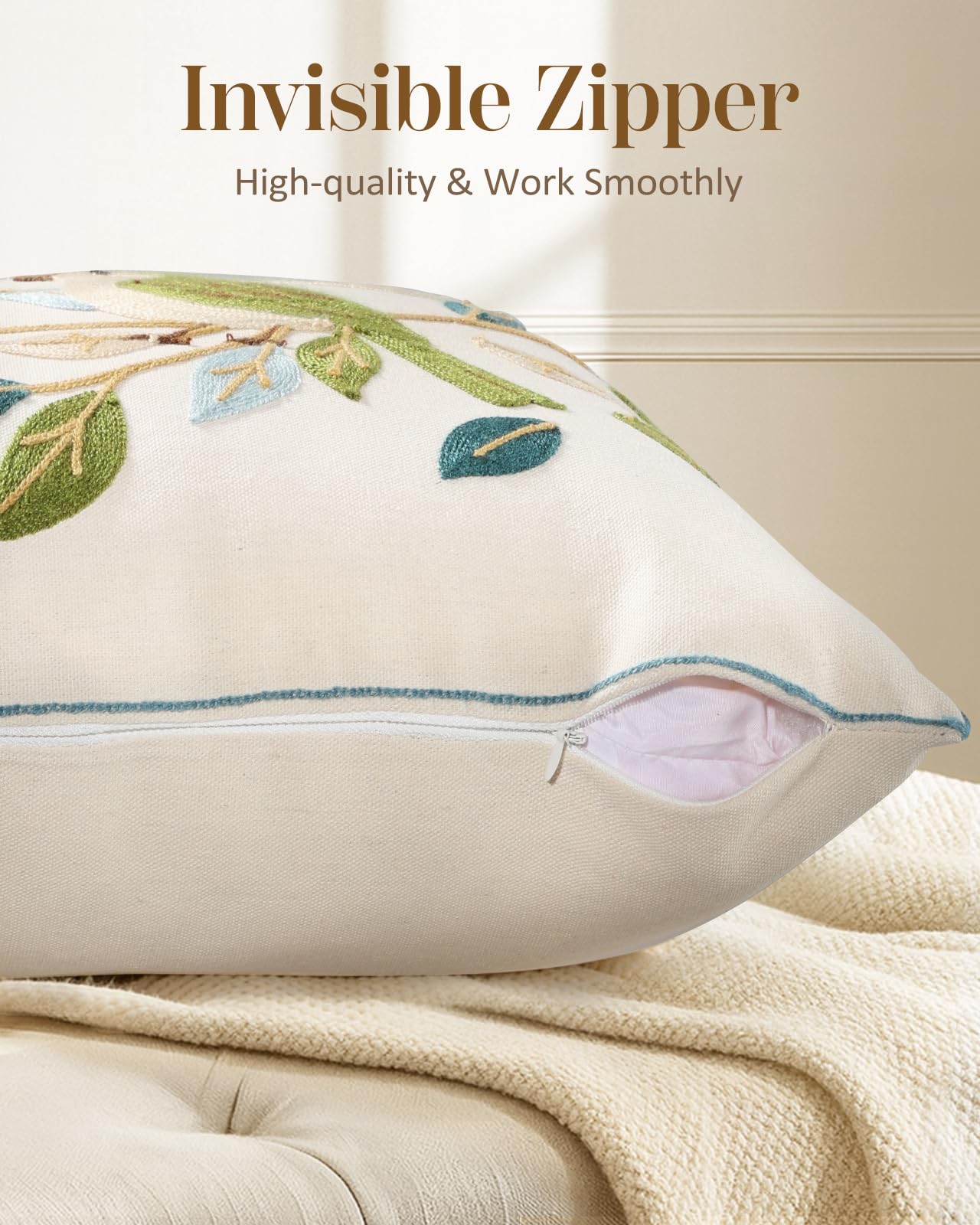 Kokaaee Embroidered Throw Pillow Cover 18x18 Inch - Spring Boho Decorative Pillow Covers with Zipper for Couch Sofa Bedroom Living Room Cushion Pillowcase, Birds Leaves