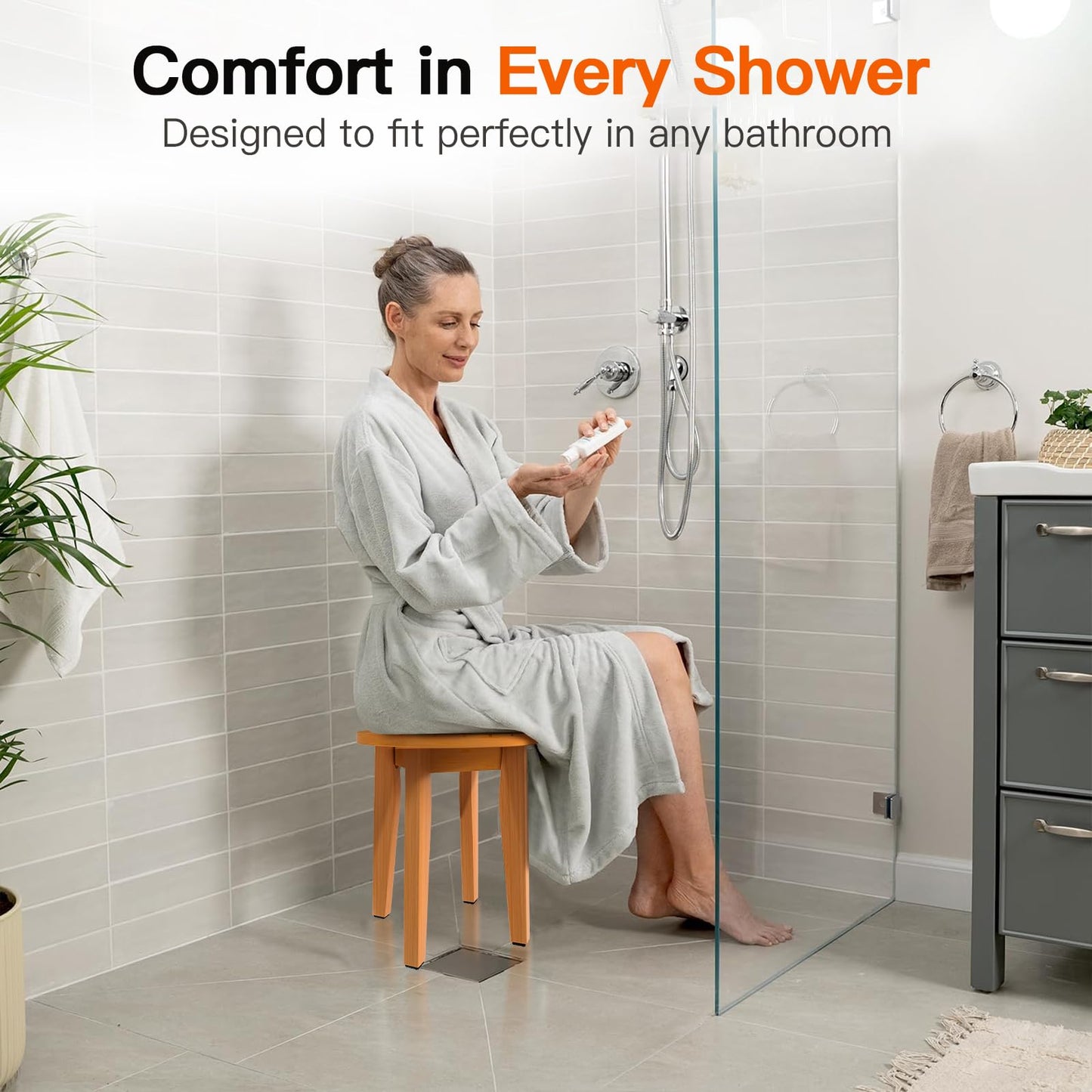 KISENG Round 16 Inch Bamboo Waterproof Shower Bathroom Stool Chair, Duty Wooden Bath Corner Shaving Legs Bench Seat (Honey Bamboo, XL)