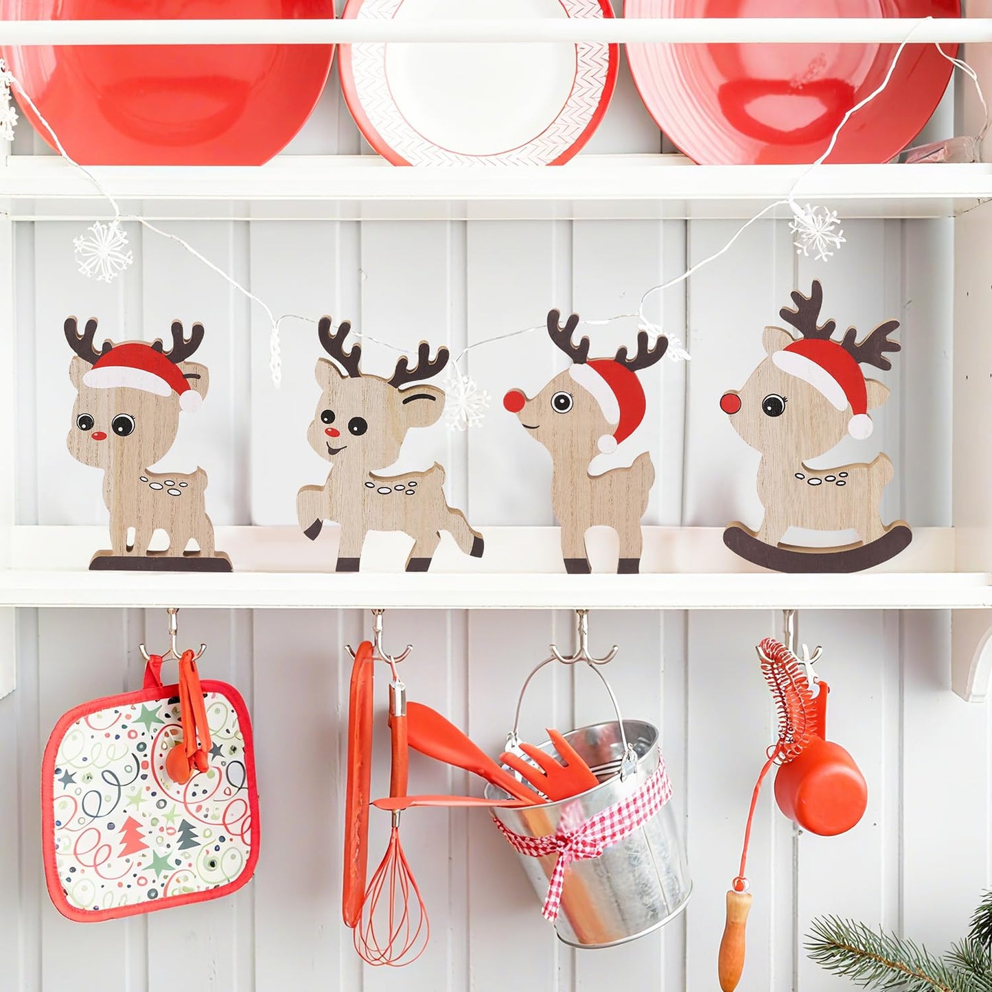 LOMIMOS 5 PCS Cute Christmas Tiered Tray Decor Indoor,Tabletop Reindeer Christmas Decoration Wood Sign Centerpiece Rustic Tabletop Decor for Xmas Winter Holiday Home Mantel Office Display
