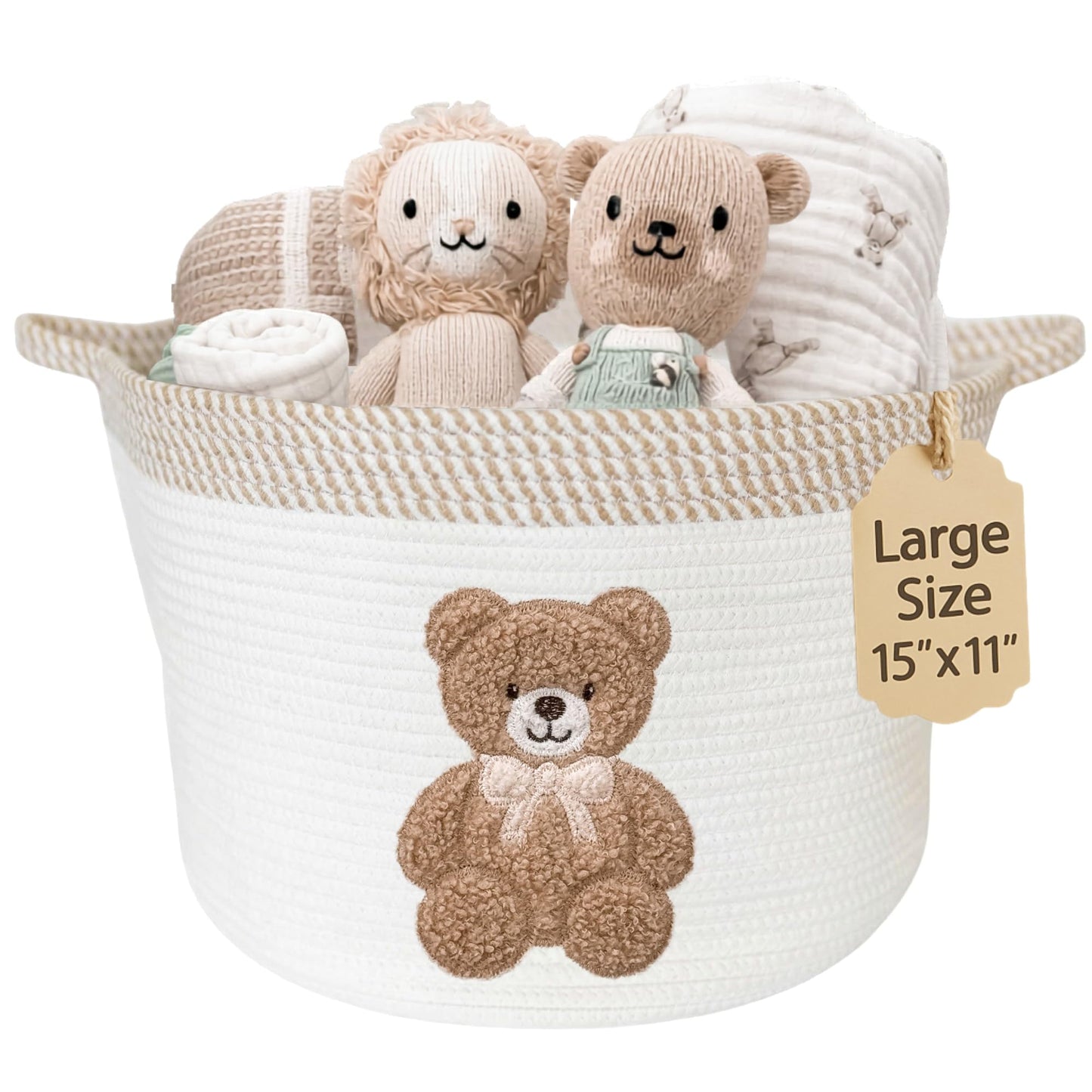 Teddy Bear Storage Basket for Nursery – Large 15"x11" Cotton Rope Bin with Soft Embroidered Bear Patch – Gender Neutral Toy Organizer, Baby Laundry Hamper, Blanket & Diaper Holder