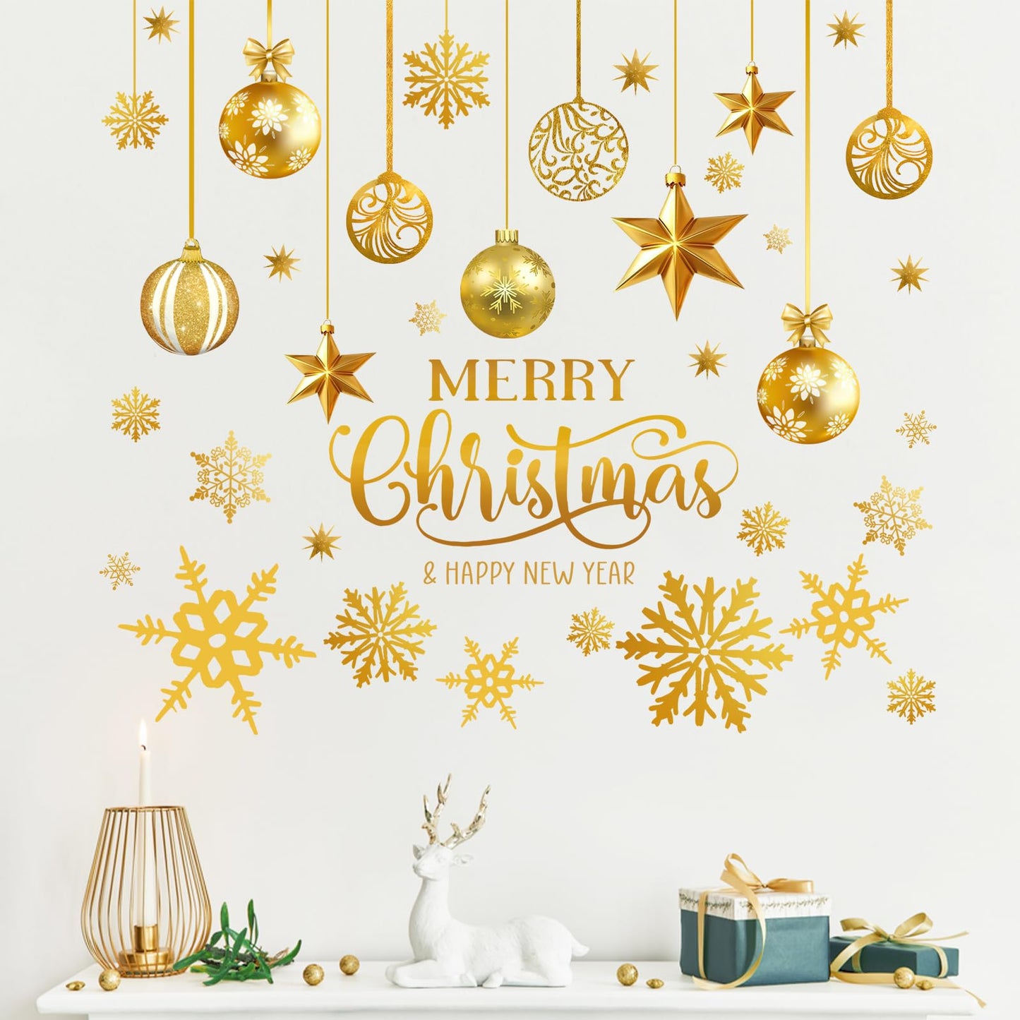 Mfault Merry Christmas Golden Ornament Balls Wall Decals Stickers, Gold Xmas Happy New Year Snowflakes Stars Decorations Bedroom Art, Winter Holiday Home Kitchen Decor