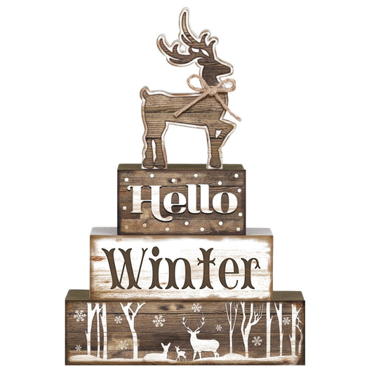 Moucuny 4 Pcs Hello Winter Table Decor Winter Tiered Tray Decor Elk Wooden Decorative Signage Centerpieces Farmhouse Wooden Block Set Table Sign for Home