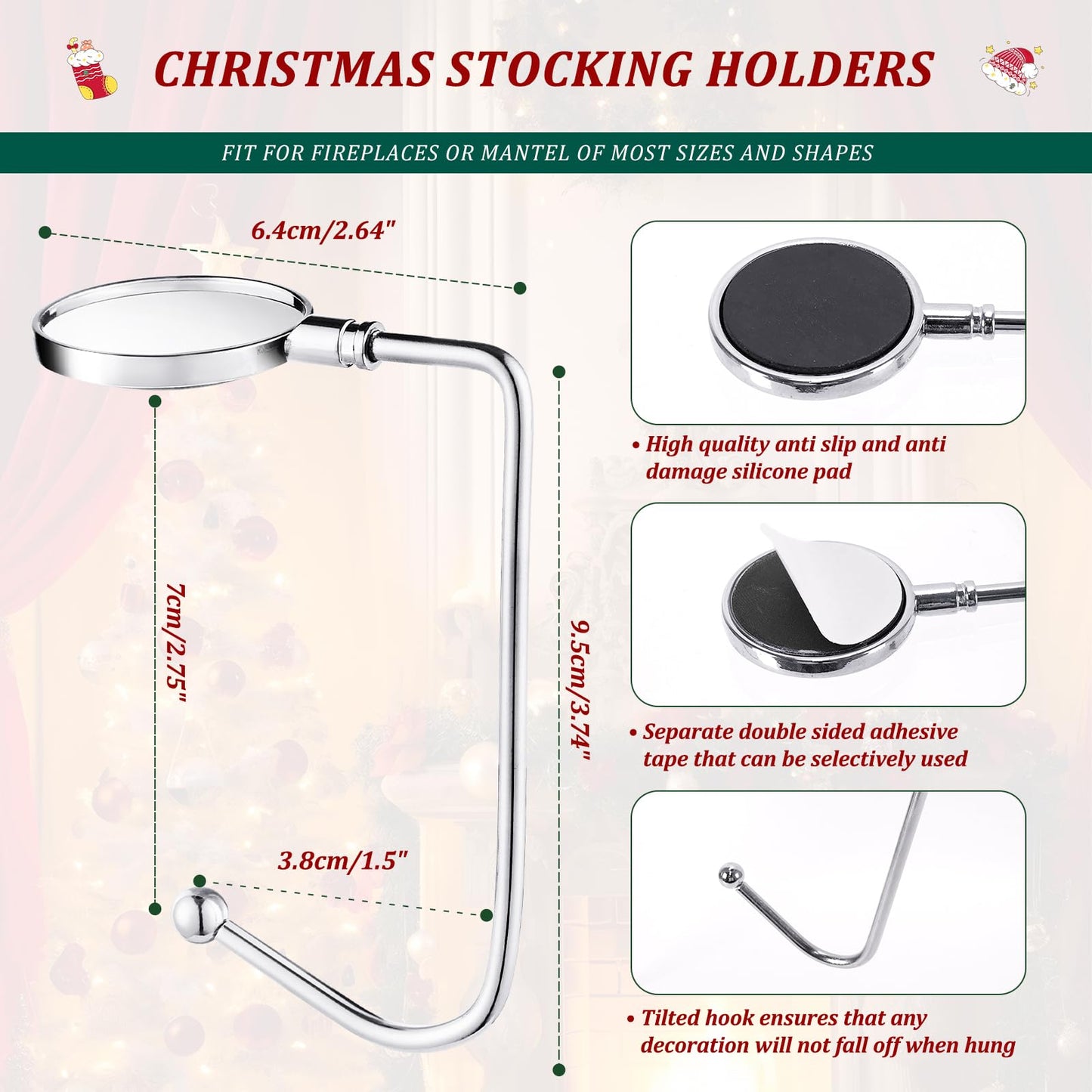 Christmas Stocking Holders for Mantle, Non-Slip Safety Fireplace Mantel Stocking Hooks with Separate Adhesive Strips, Silicone Pad Grip Hanger for Xmas Party Decoration (Silver,6)