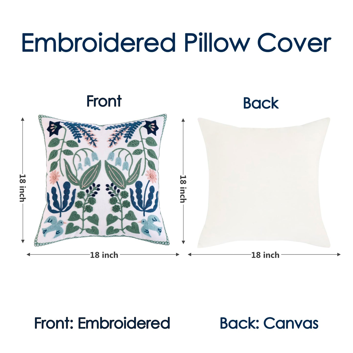TAOSON Pack of 2,Flowers and Leaves Pattern Embroidered Throw Pillow Cover,Cotton Canvas Cushion Covers, Spring Farmhouse Decor, Valentine's Day Gift Square Farmhouse Floral Pillow Case 18" x18"