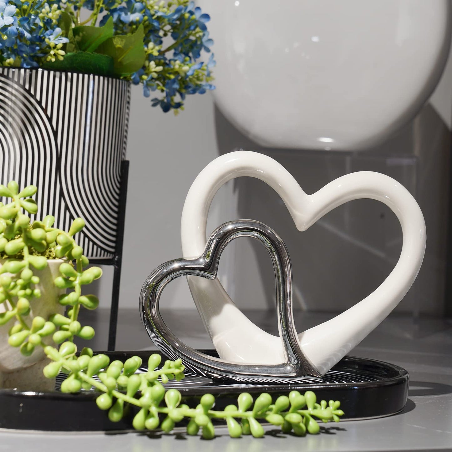 LCdecohome Valentine Decorations - Double Heart Sculpture Table Ornaments Anniversary Couple Gift for Her Home Decor Ceramic Heart Sculptures Figurine 7.5 * 1.75 * 6 inch