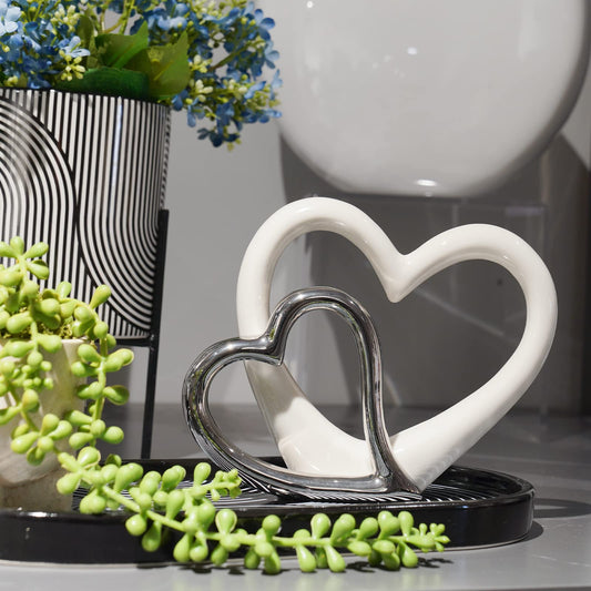 LCdecohome Valentine Decorations - Double Heart Sculpture Table Ornaments Anniversary Couple Gift for Her Home Decor Ceramic Heart Sculptures Figurine 7.5 * 1.75 * 6 inch