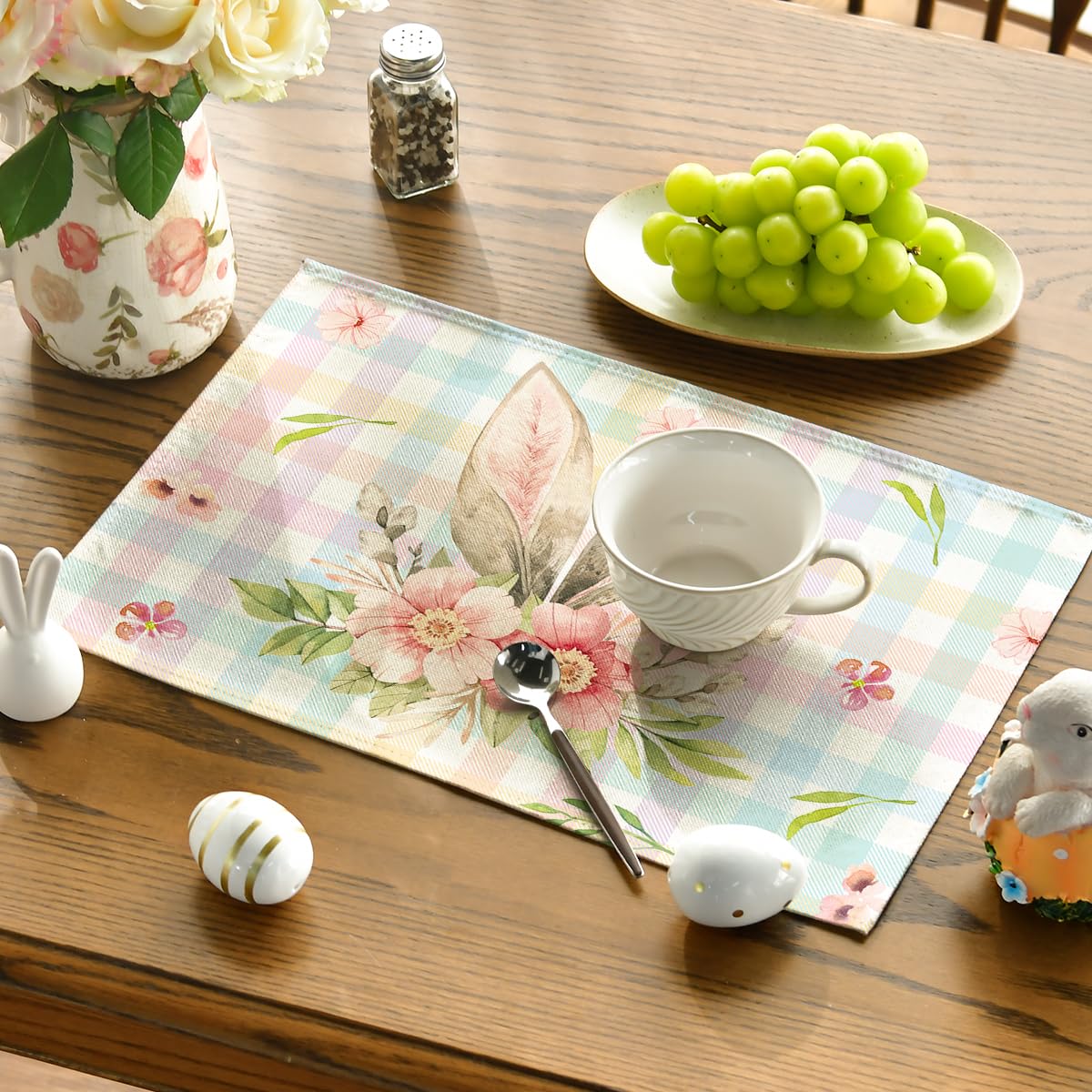 Artoid Mode Colourful Buffalo Plaid Bunny Ears Flower Easter Placemats Set of 4, 12x18 Inch Seasonal Holiday Table Mats for Party Kitchen Dining Decoration