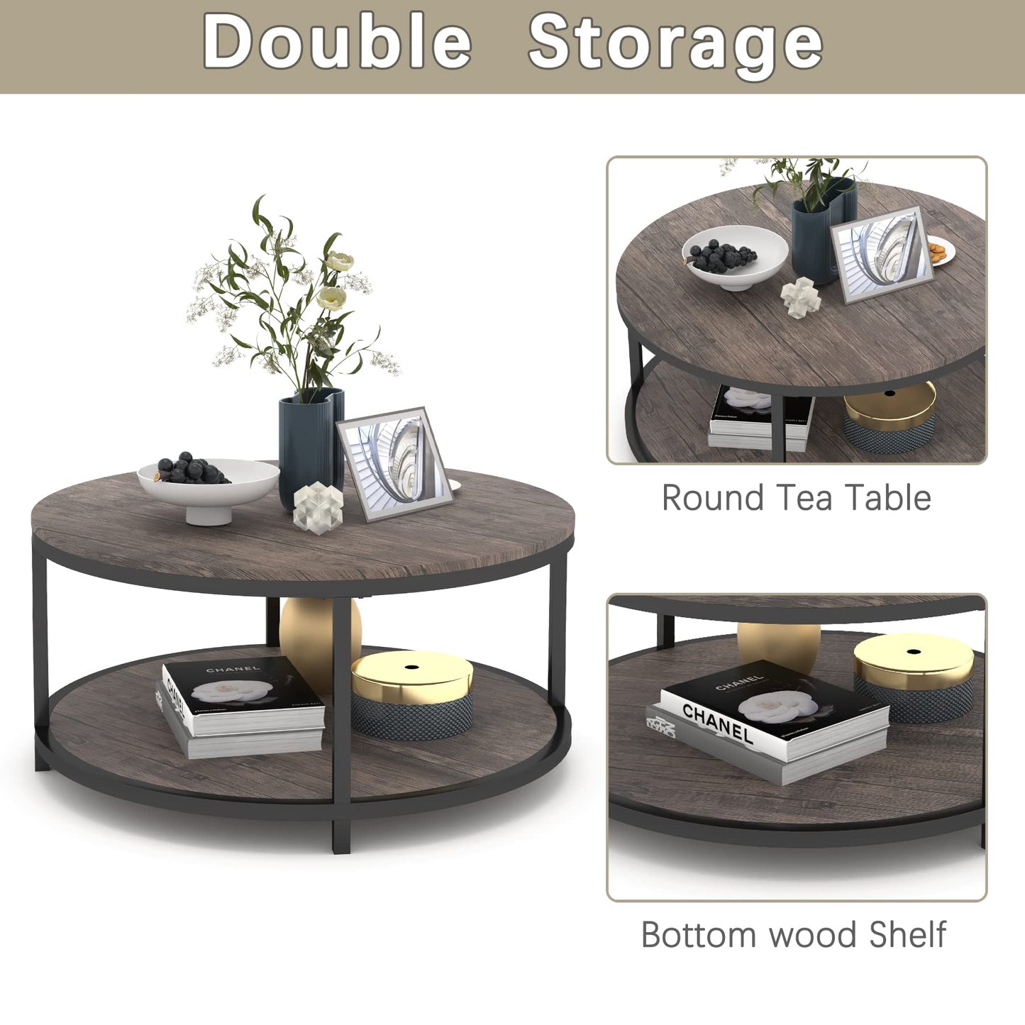 NSdirect Round Coffee Table,36" Coffee Table for Living Room,2-Tier Rustic Wood Desktop with Storage Shelf Modern Design Home Furniture(Light Walnut)