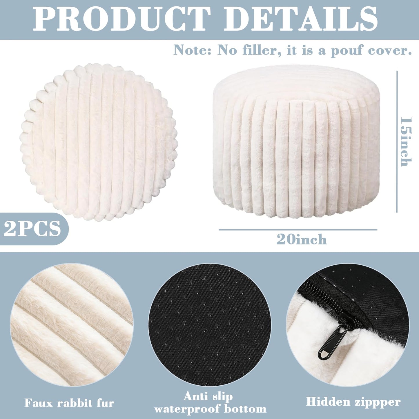 CASYUNE 2 Pcs 20 x 15 Inch Unstuffed Pouf Cover Ottoman Foot Rest - No Filler, Faux Rabbit Fur Foot Stool Floor Bean Bag Floor Chair Storage for Home Decor Bedroom Living Room (White)