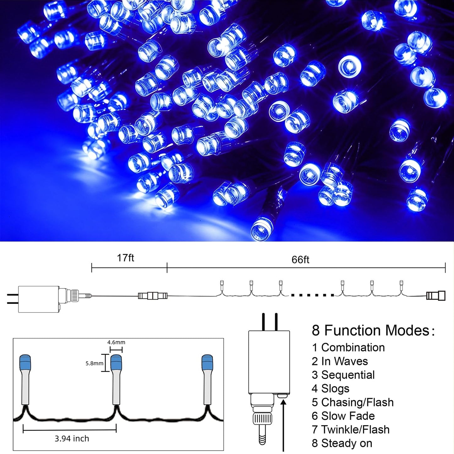 HOME LIGHTING 66ft Christmas Decorative Mini Lights, 200 LED Green Wire Fairy Starry String Lights Plug in, 8 Lighting Modes, for Indoor Outdoor Xmas Tree Wedding Party Decoration (Blue)