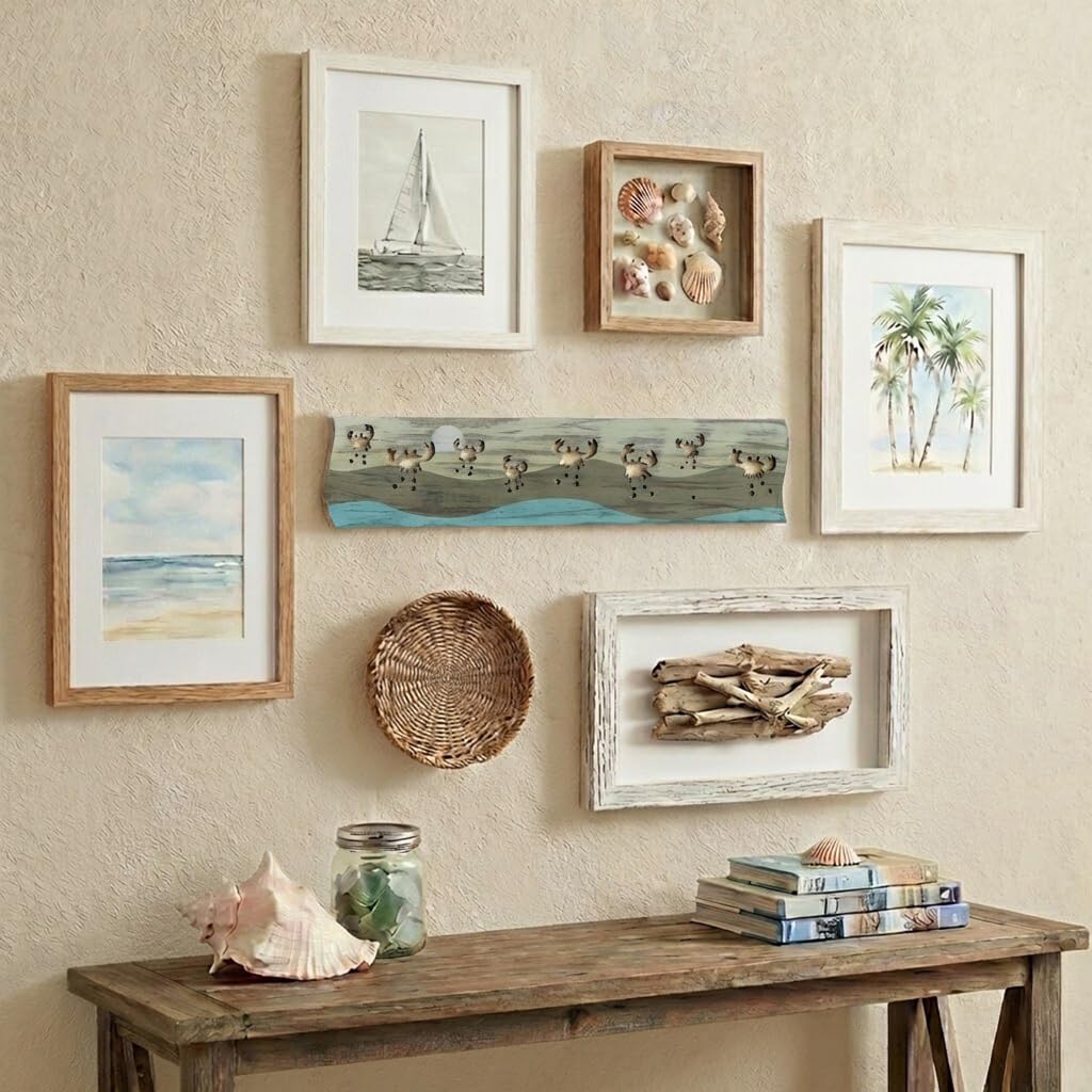 Crab Driftwood Wall Art & DIY Key Holder – Handmade Coastal Home Decor – 17.5" Genuine Weathered Wood Plank with 5 Removable Hooks for Keys, Leashes, and Jewelry – Beach House Entryway Organizer (Crab Parade)