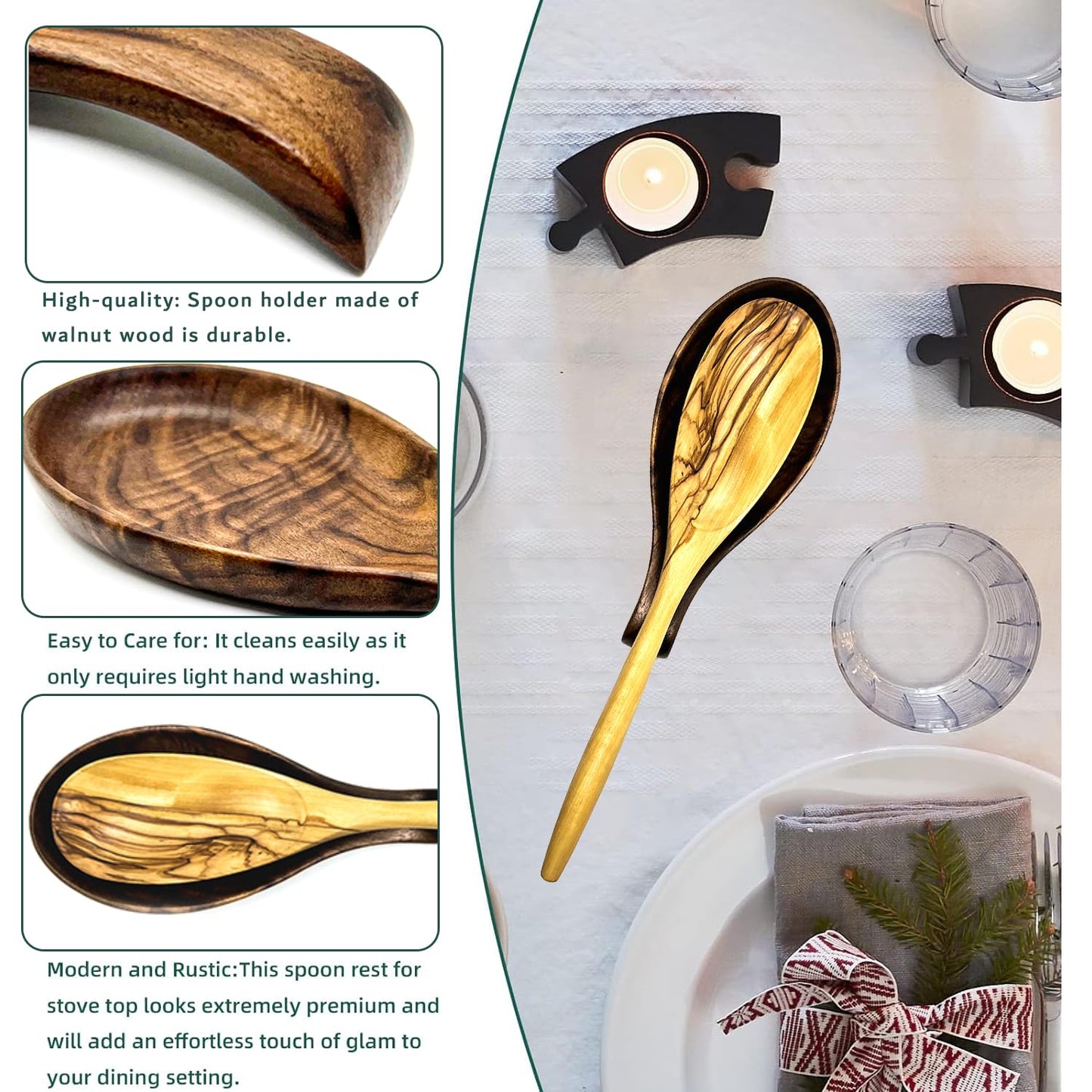 Kityemo Walnut Wooden Spoon Rest Cooking Spoon Holder Organizer Heat-Resistant Wood Utensil Rest, Spoon Holder for Stove Top, Kitchen Utensil Holder for Ladles, Turner, Brush, Spatula& More